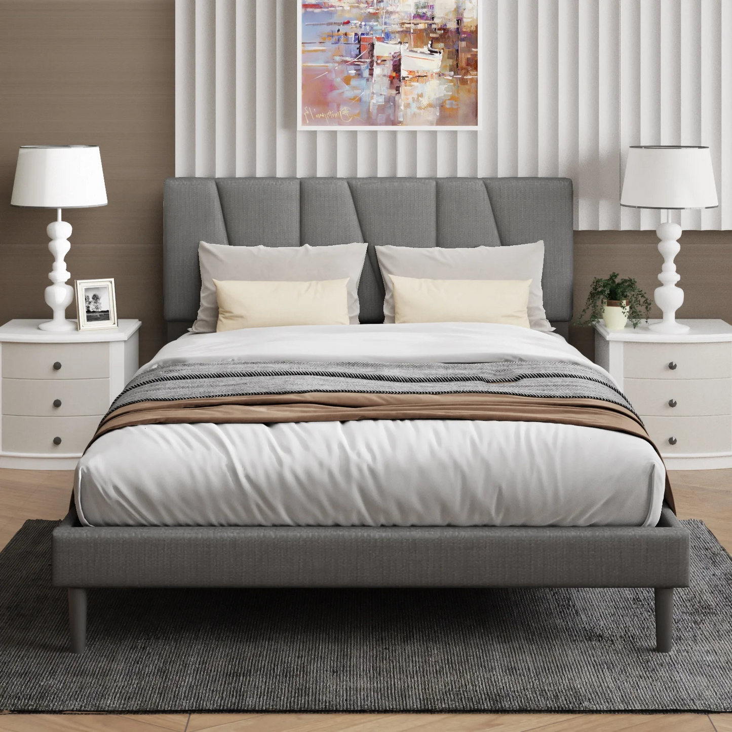 VIPLOV Bed Frame with Padded Headboard, With Wooden Slats For Support, No Box Spring Required, Easy To Assemble, No Noise