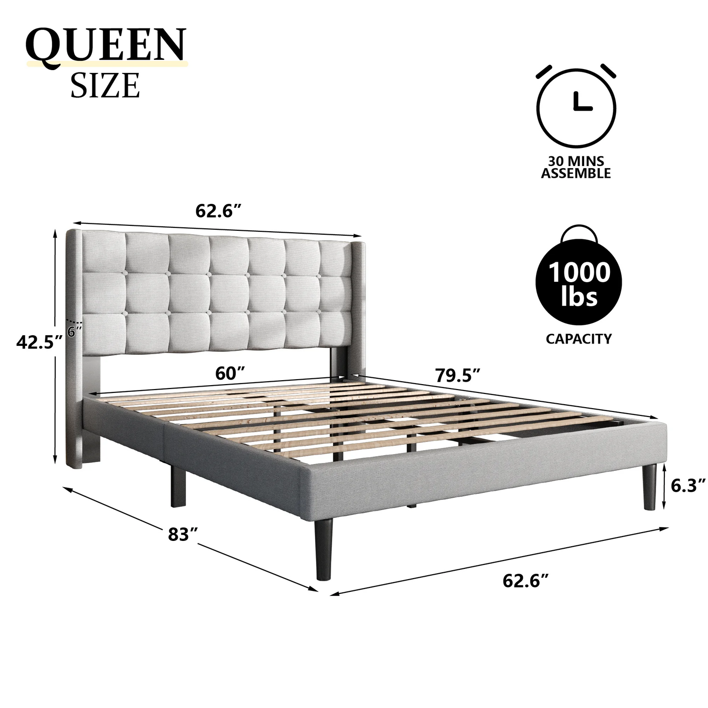 VIPLOV Bed Frame with Tufted Headboard and Upholstered Backrest, Modern Platform Bed with Wood Slat Support, No Box Spring Needed, Easy Assembly
