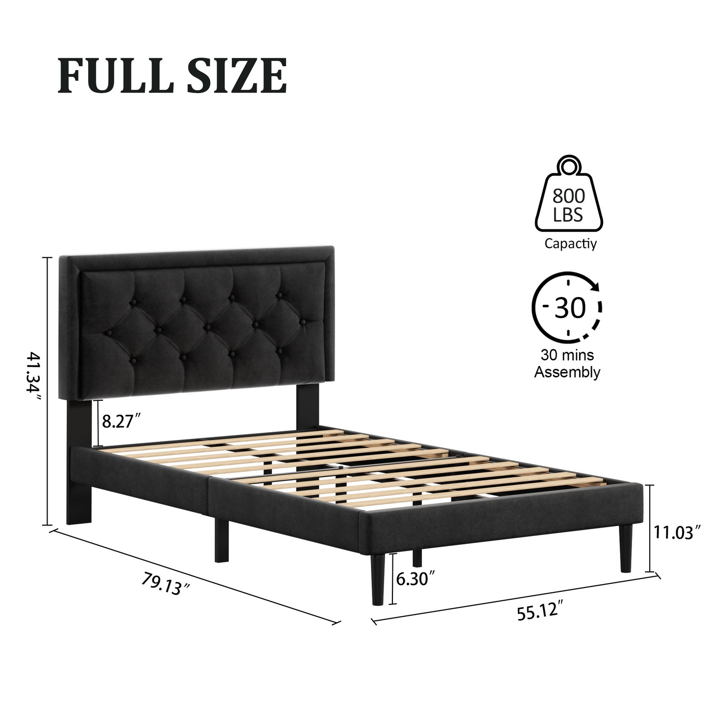 VIPLOV Bed Frame with Upholstered Velvet Button Tufted Headboard, Mattress Foundation with Wooden Slat Support, No Box Spring Needed, Easy Assembly, Noise Free,