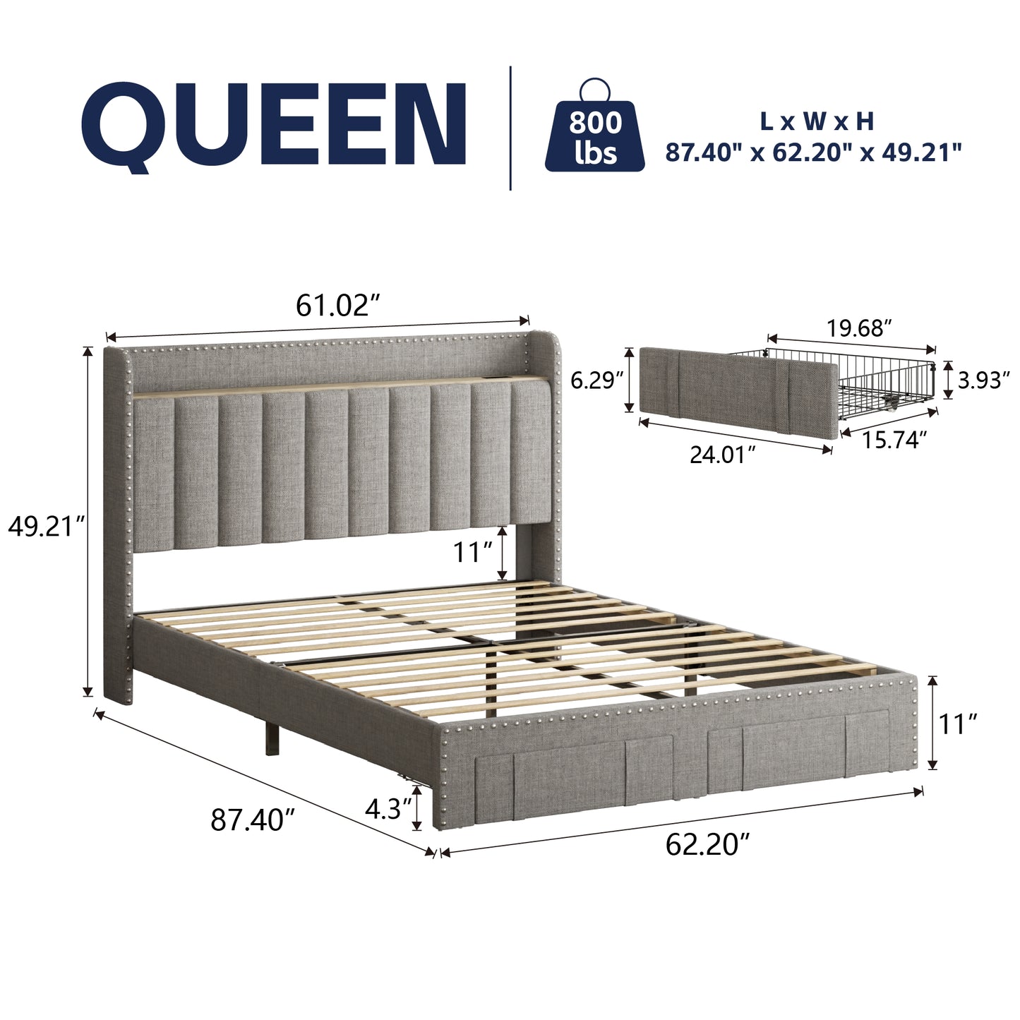 VIPLOV Bed Frame with Headboard and Storage, Platform Bed Frame with 2 Drawers, Upholstered King Size Bed Frame with Storage, Built-in Charging Station, Noiseless