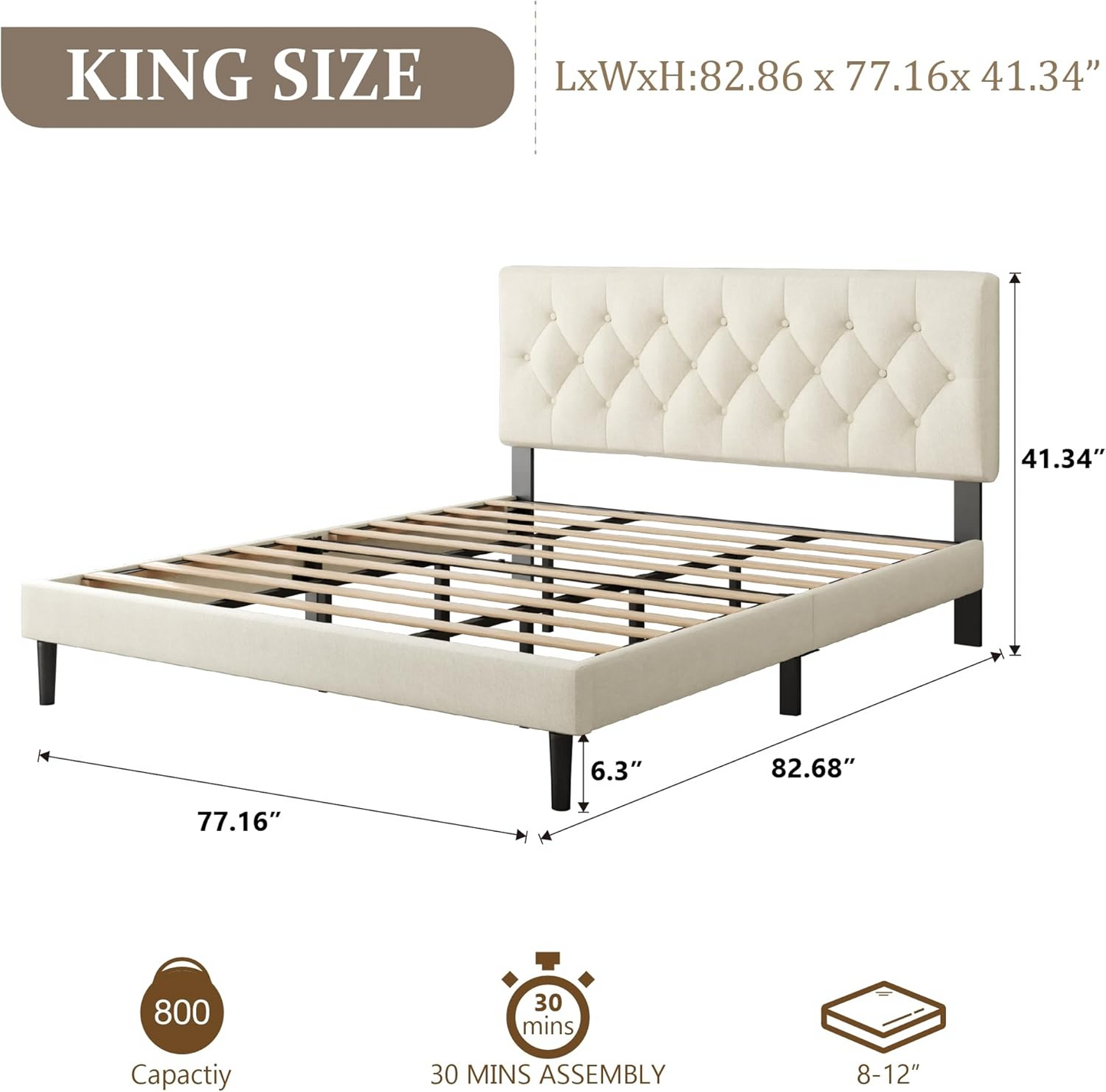 VIPLOV  Bed Frame , Modern Fabric Upholstered Platform Bed Frame with Strong Wood Slat Support, Easy Assembly