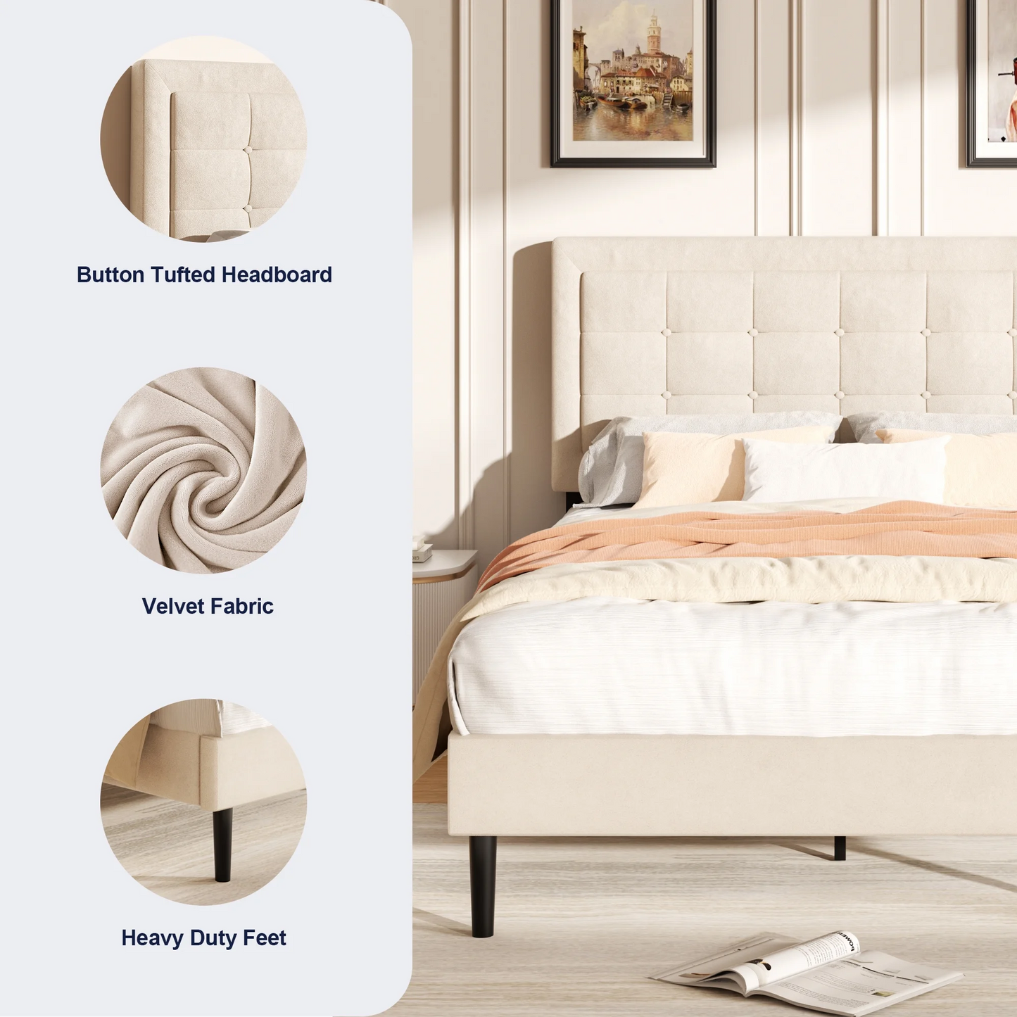 VIPLOV Bed Frame with Button Tufted Headboard, Linen Fabric Upholstered Platform Bed Frame, Mattress Foundation with Wood Slat Support, Easy Assembly, No Box Spring Needed