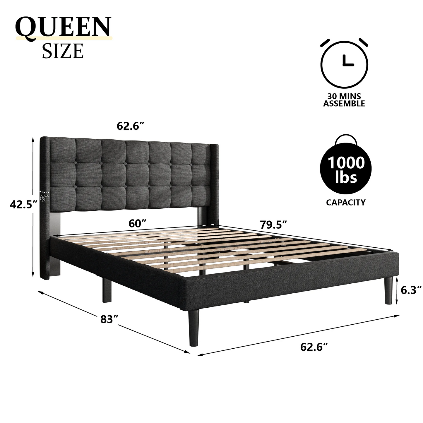VIPLOV Bed Frame with Tufted Headboard and Upholstered Backrest, Modern Platform Bed with Wood Slat Support, No Box Spring Needed, Easy Assembly