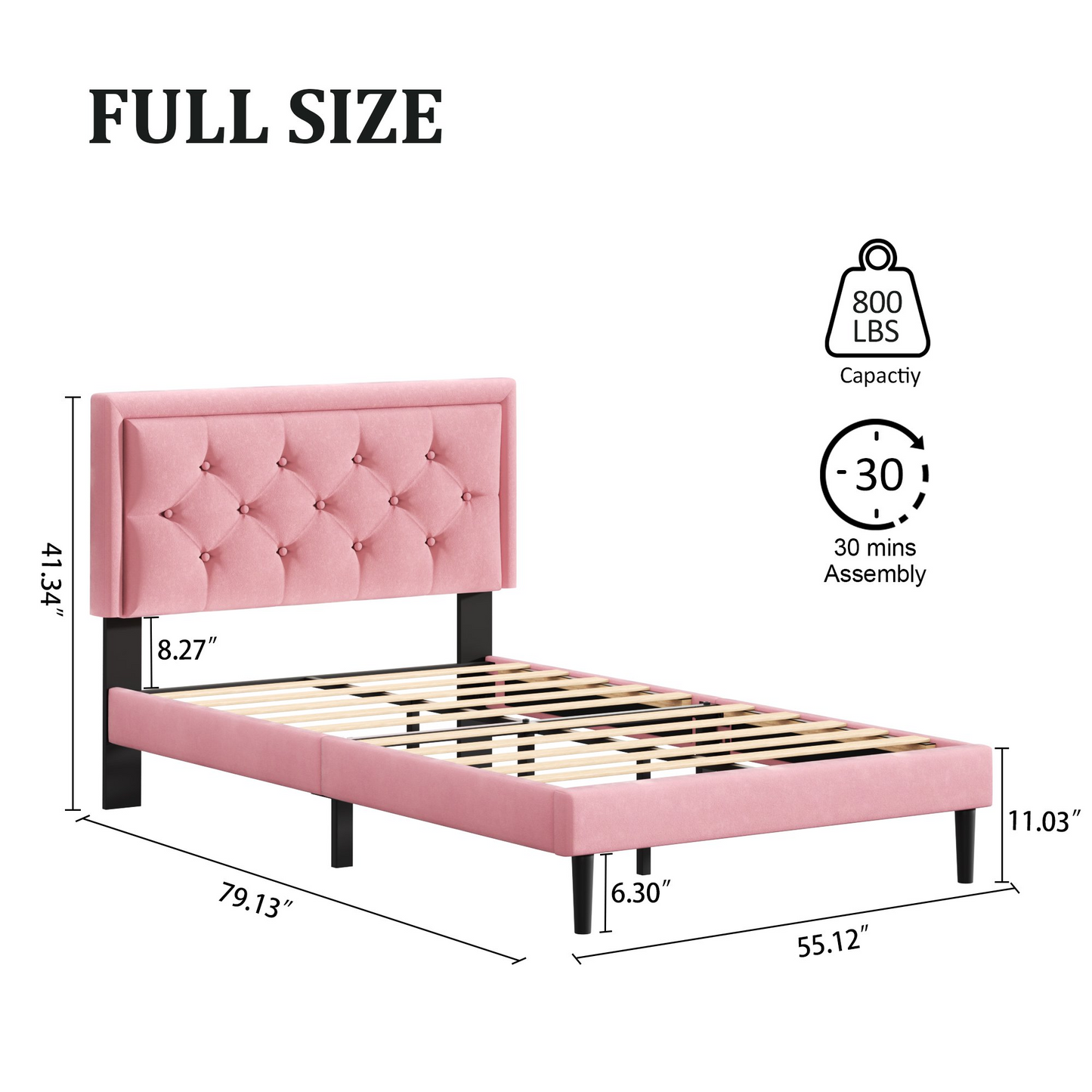 VIPLOV Bed Frame with Upholstered Velvet Button Tufted Headboard, Mattress Foundation with Wooden Slat Support, No Box Spring Needed, Easy Assembly, Noise Free,