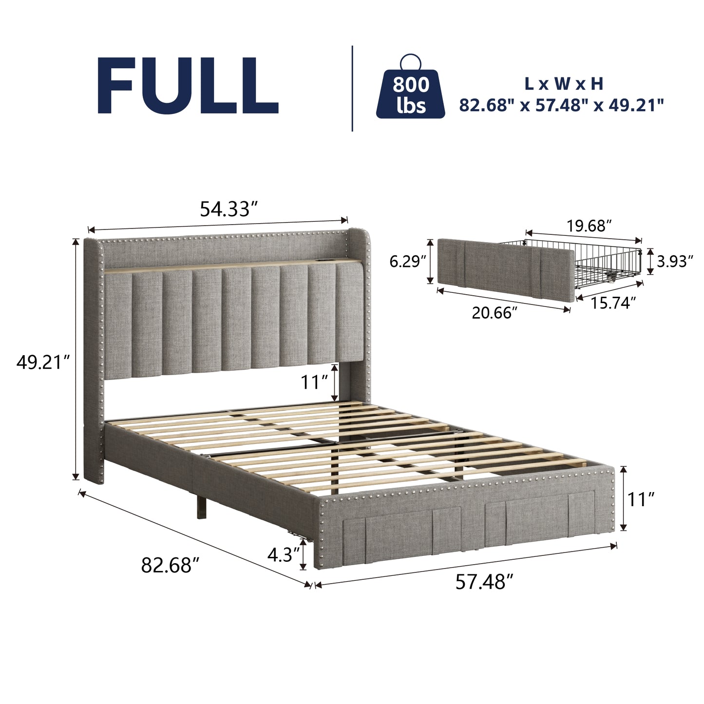 VIPLOV Bed Frame with Headboard and Storage, Platform Bed Frame with 2 Drawers, Upholstered King Size Bed Frame with Storage, Built-in Charging Station, Noiseless