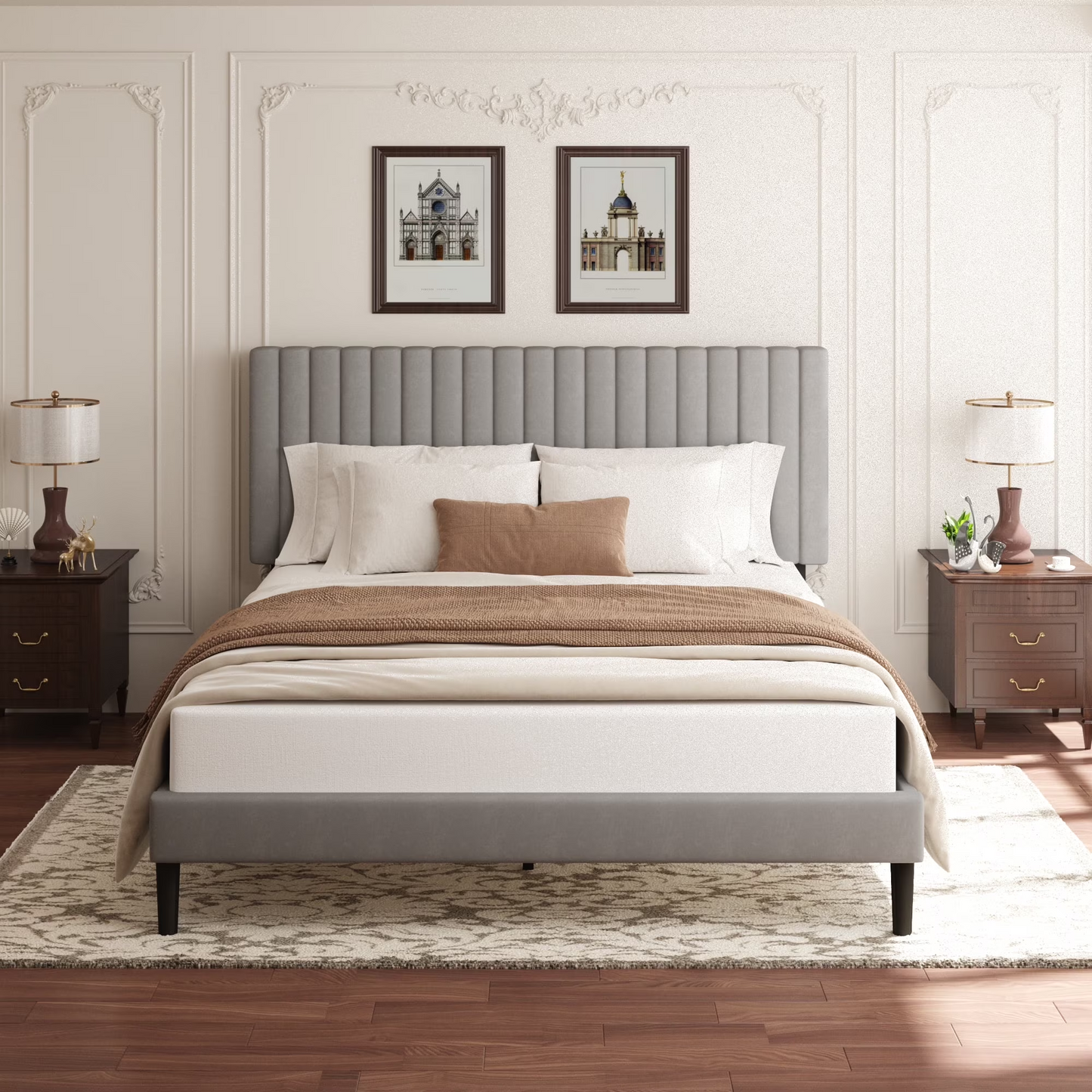 VIPLOV Bed Frame with Velvet Upholstered Headboard, Platform Bed with Strong Wood Slats, Mattress Foundation, Box Spring Optional, Easy Assembly