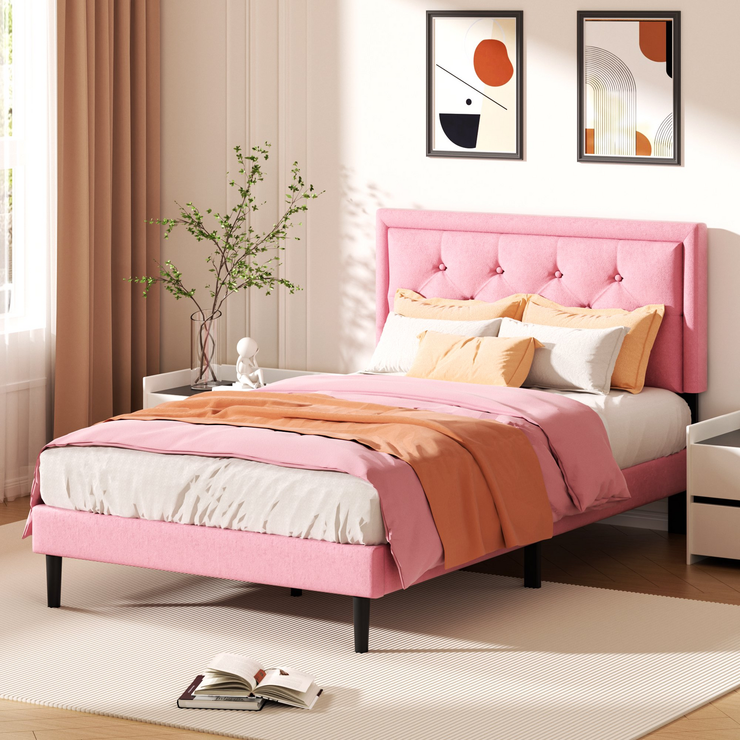 VIPLOV Bed Frame with Upholstered Velvet Button Tufted Headboard, Mattress Foundation with Wooden Slat Support, No Box Spring Needed, Easy Assembly, Noise Free,