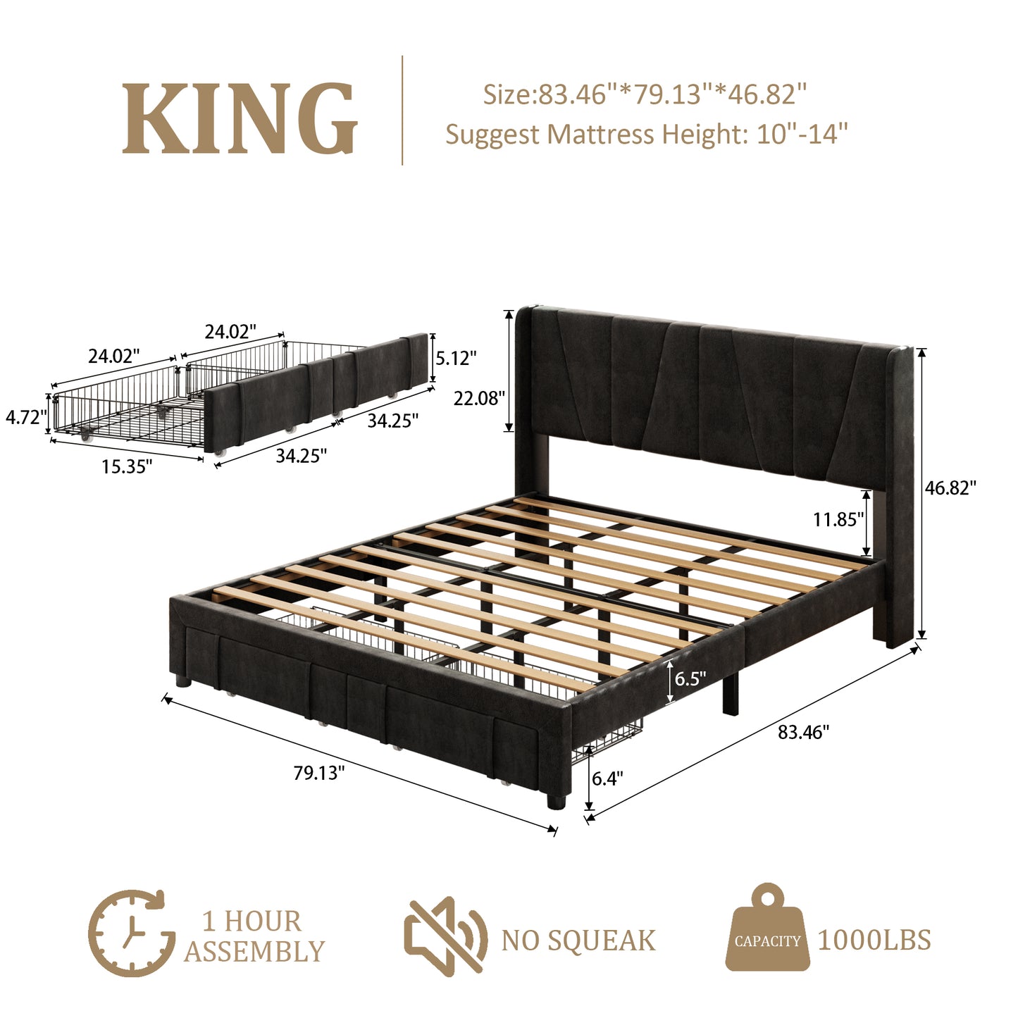 VIPLOV Bed Frame with Storage Drawers, Upholstered Platform Bed with Headboard and Wingboard, Easy Assembly