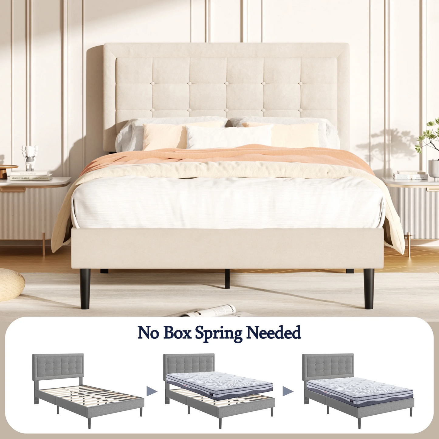 VIPLOV Bed Frame with Button Tufted Headboard, Linen Fabric Upholstered Platform Bed Frame, Mattress Foundation with Wood Slat Support, Easy Assembly, No Box Spring Needed
