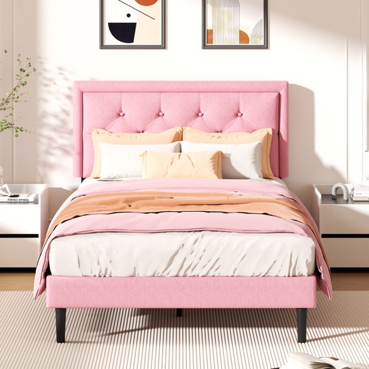 VIPLOV Bed Frame with Upholstered Velvet Button Tufted Headboard, Mattress Foundation with Wooden Slat Support, No Box Spring Needed, Easy Assembly, Noise Free,