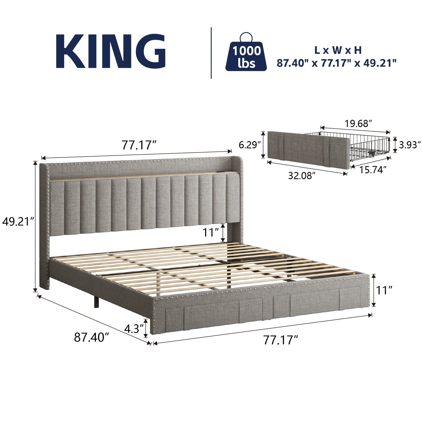 VIPLOV Bed Frame with Headboard and Storage, Platform Bed Frame with 2 Drawers, Upholstered King Size Bed Frame with Storage, Built-in Charging Station, Noiseless