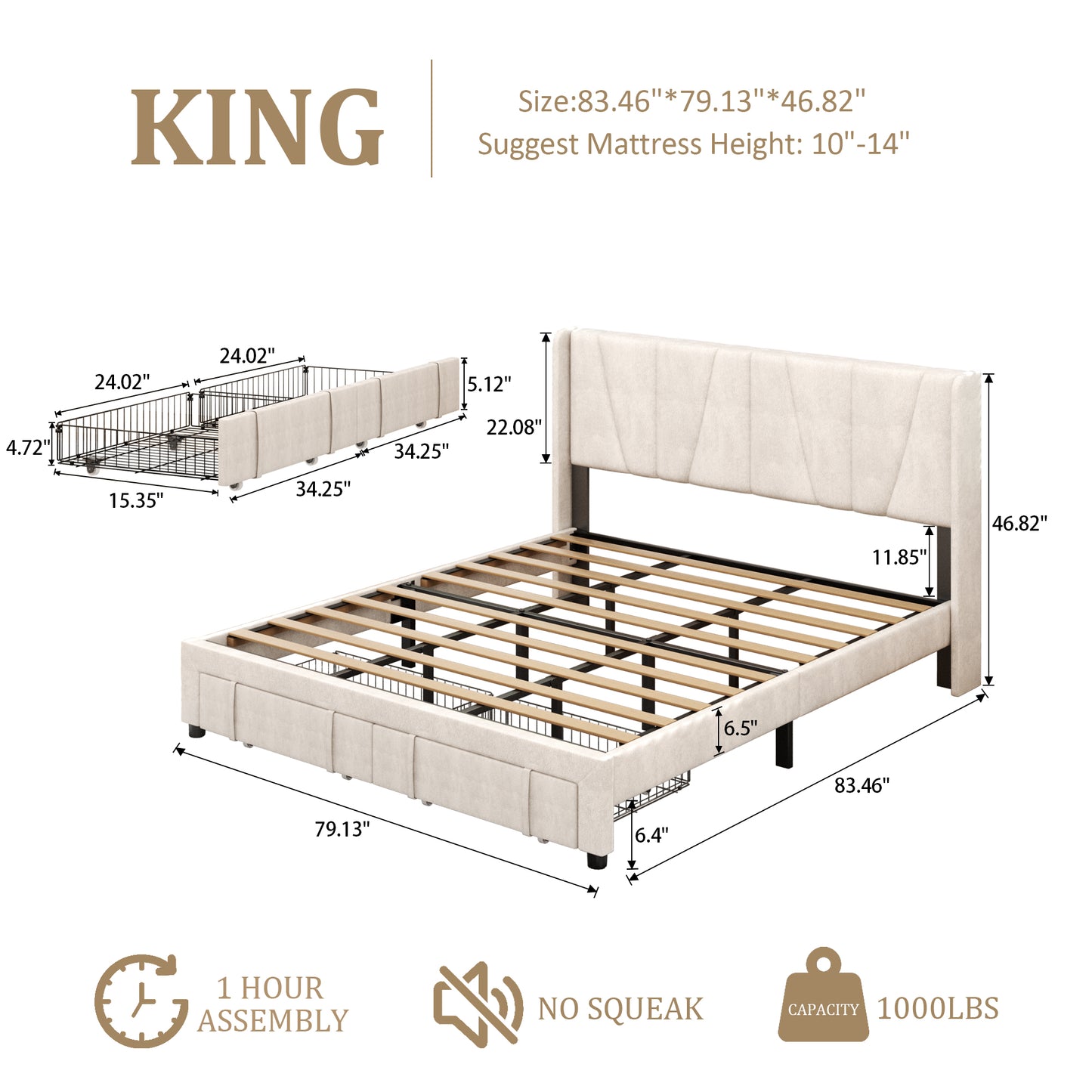 VIPLOV Bed Frame with Storage Drawers, Upholstered Platform Bed with Headboard and Wingboard, Easy Assembly