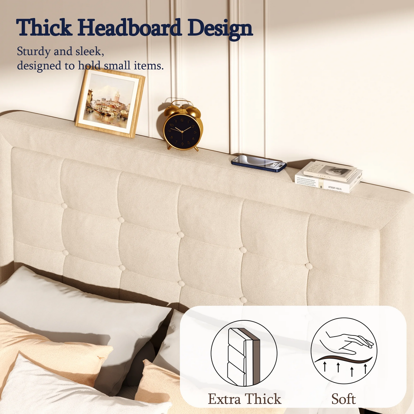 VIPLOV Bed Frame with Button Tufted Headboard, Linen Fabric Upholstered Platform Bed Frame, Mattress Foundation with Wood Slat Support, Easy Assembly, No Box Spring Needed