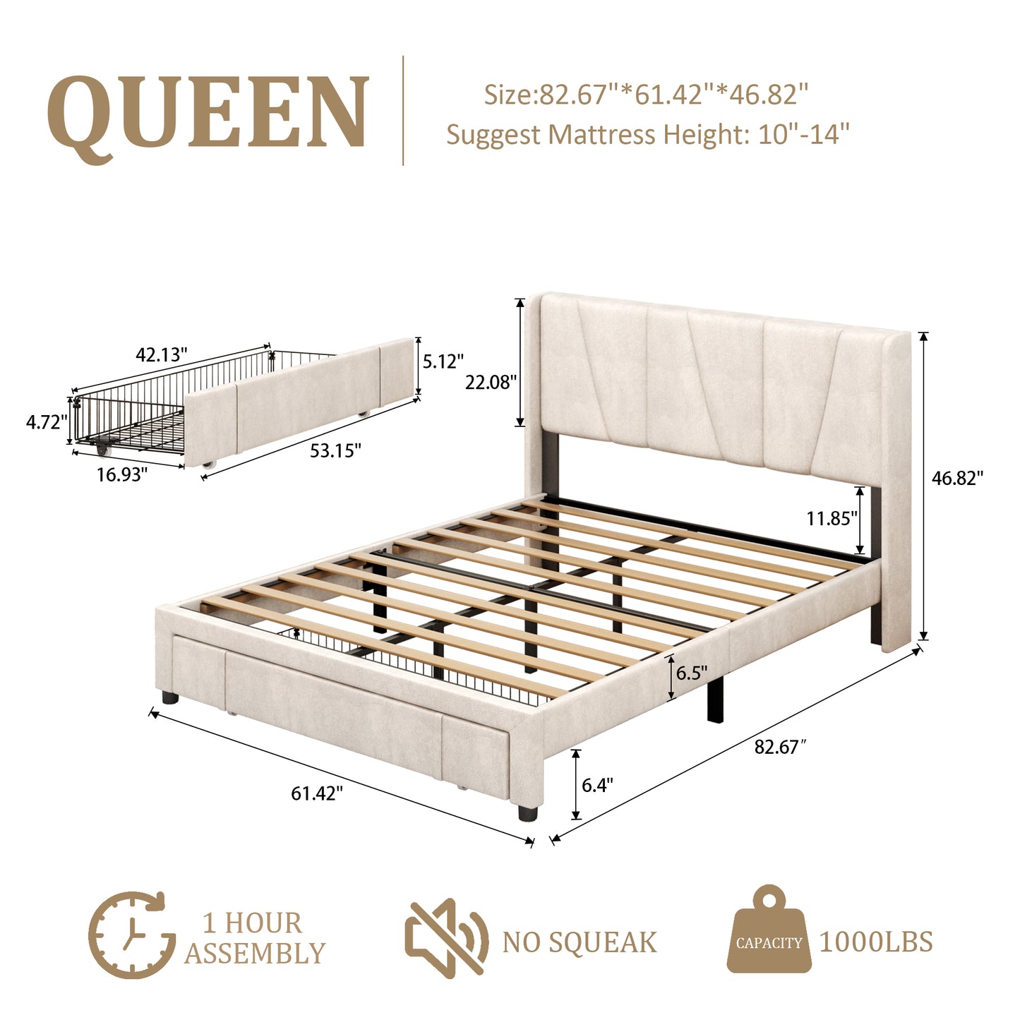 VIPLOV Bed Frame with Storage Drawers, Upholstered Platform Bed with Headboard and Wingboard, Easy Assembly