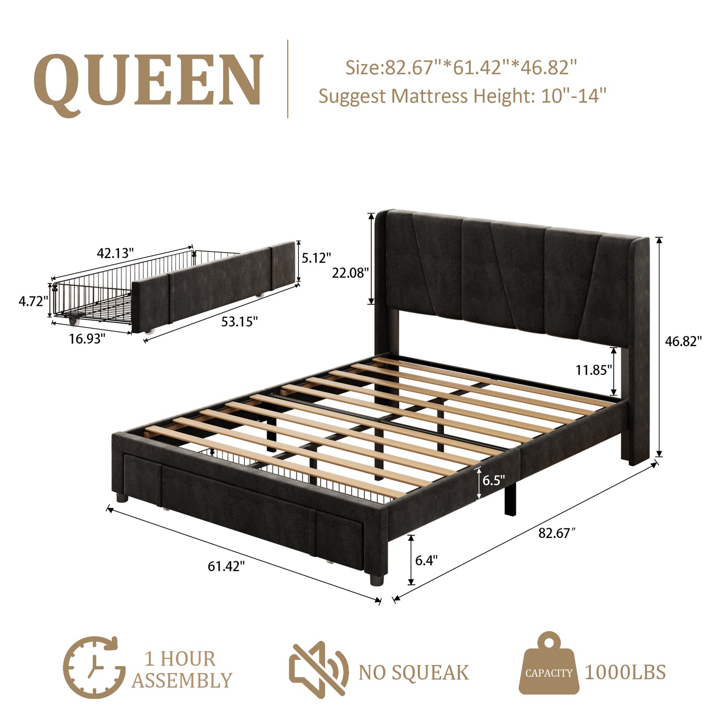 VIPLOV Bed Frame with Storage Drawers, Upholstered Platform Bed with Headboard and Wingboard, Easy Assembly