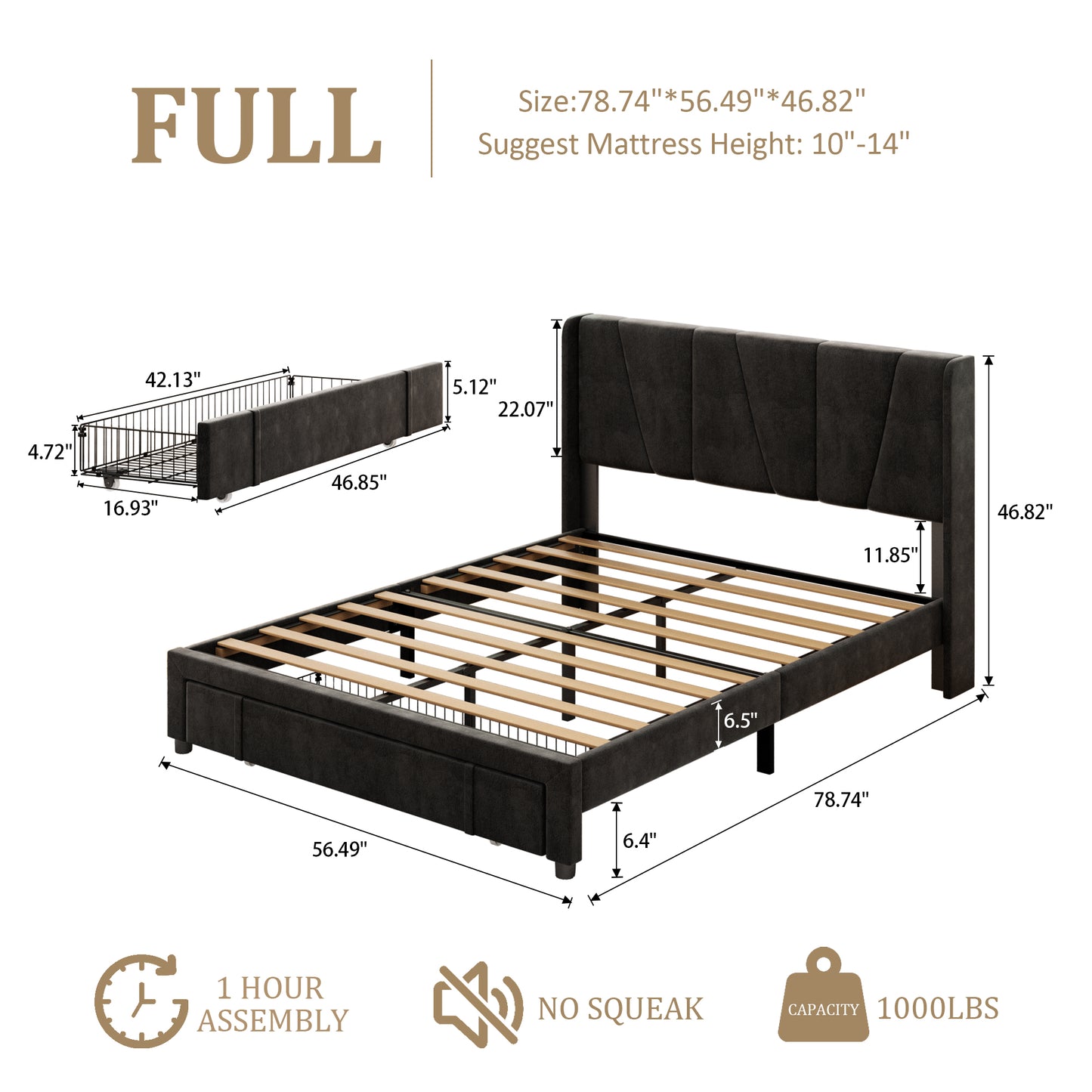 VIPLOV Bed Frame with Storage Drawers, Upholstered Platform Bed with Headboard and Wingboard, Easy Assembly