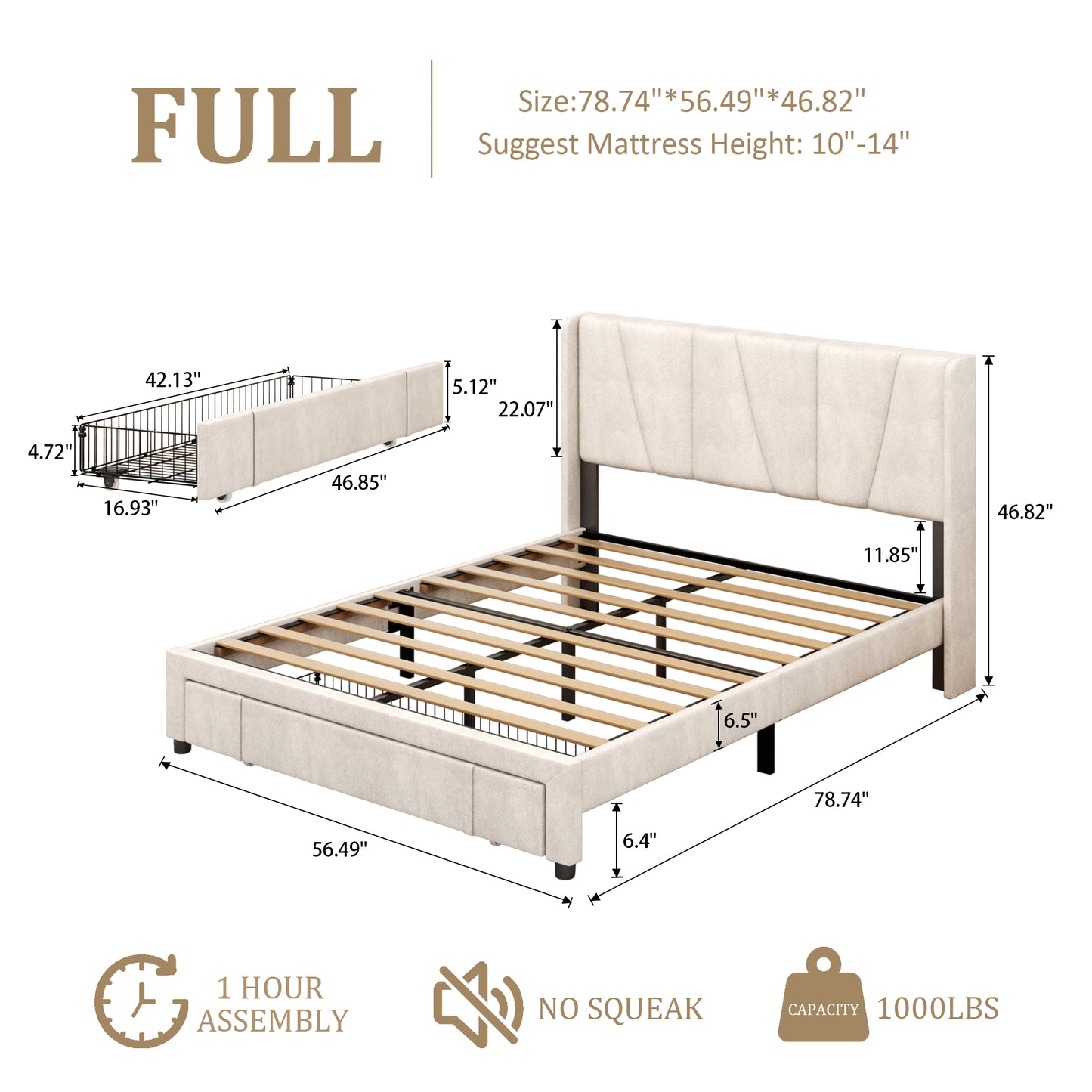 VIPLOV Bed Frame with Storage Drawers, Upholstered Platform Bed with Headboard and Wingboard, Easy Assembly