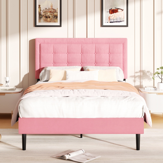 VIPLOV Bed Frame with Button Tufted Headboard, Linen Fabric Upholstered Platform Bed Frame, Mattress Foundation with Wood Slat Support, Easy Assembly, No Box Spring Needed