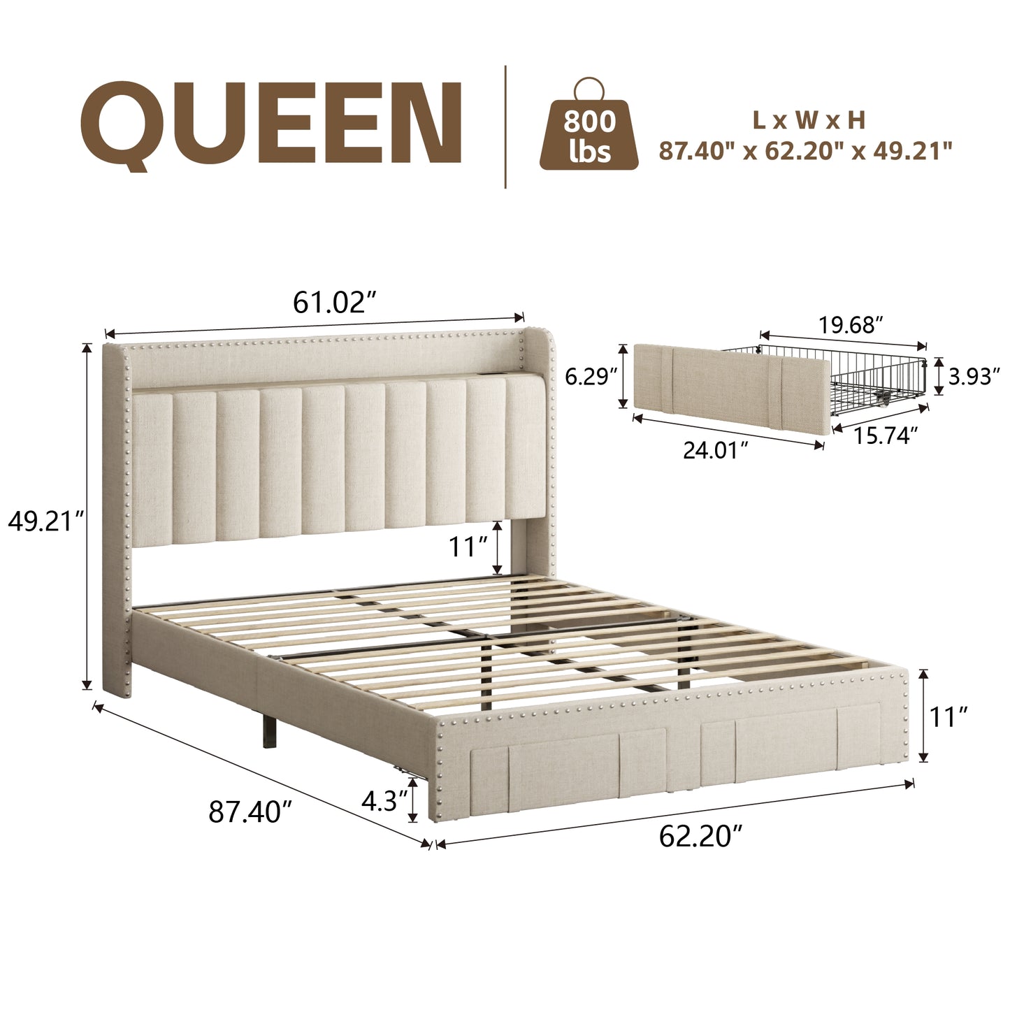 VIPLOV Bed Frame with Headboard and Storage, Platform Bed Frame with 2 Drawers, Upholstered King Size Bed Frame with Storage, Built-in Charging Station, Noiseless