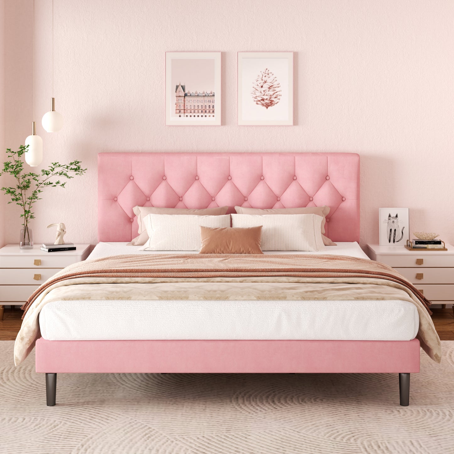 VIPLOV  Bed Frame , Modern Fabric Upholstered Platform Bed Frame with Strong Wood Slat Support, Easy Assembly