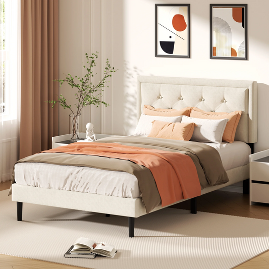 VIPLOV Bed Frame with Upholstered Velvet Button Tufted Headboard, Mattress Foundation with Wooden Slat Support, No Box Spring Needed, Easy Assembly, Noise Free,