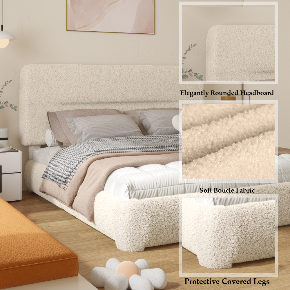 VIPLOV Cloud Bed Frame, Boucle Bed with Adjustable Headboard, Soft Rounded Corner Guards, Silent Design, Easy to Assemble