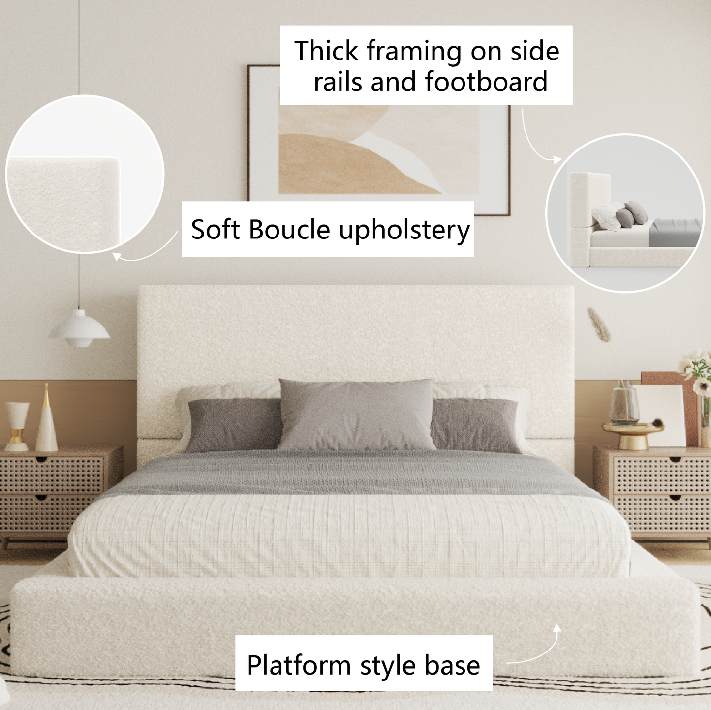 VIPLOV Boucle Bed Base, Upholstered Platform Floor Bed with Headboard, Soft Cloud Bed with Thickened Wide Headboard, Easy Assembly, Cream