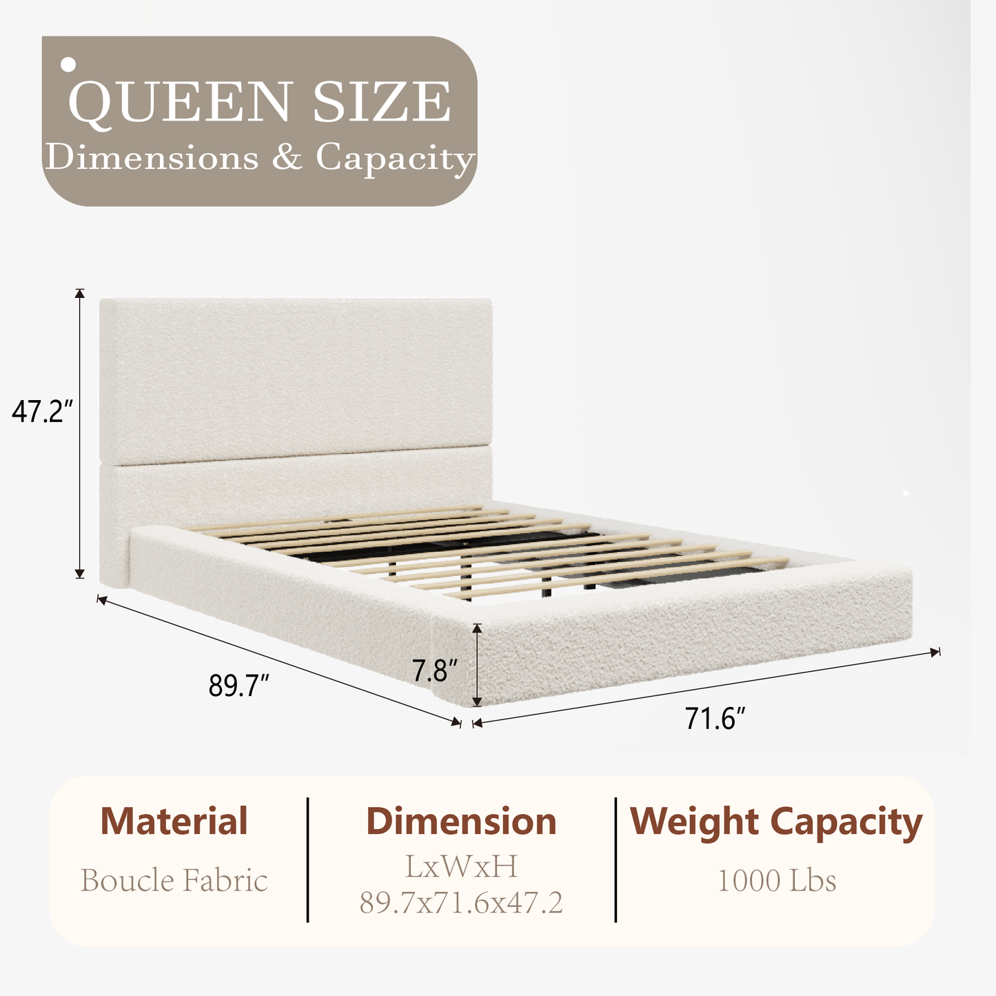 VIPLOV Boucle Bed Base, Upholstered Platform Floor Bed with Headboard, Soft Cloud Bed with Thickened Wide Headboard, Easy Assembly, Cream