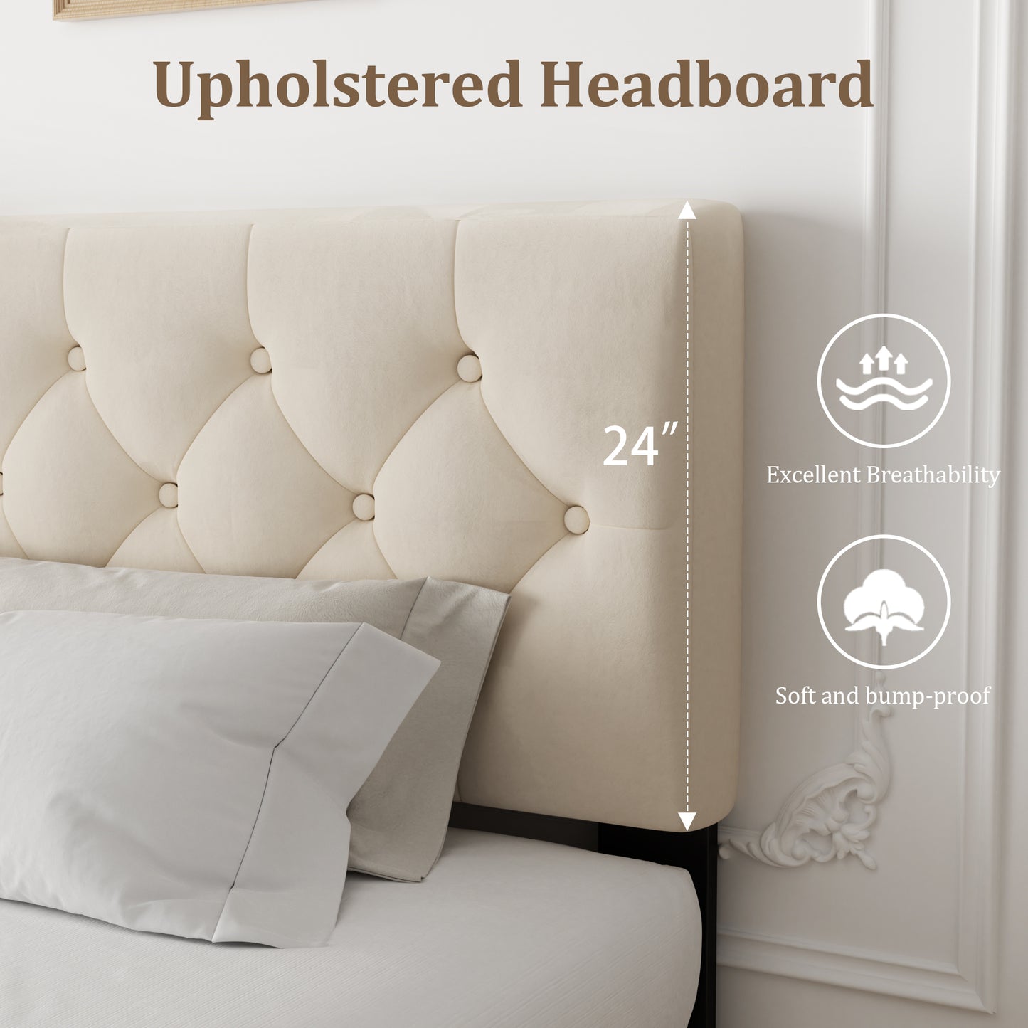 VIPLOV  Bed Frame , Modern Fabric Upholstered Platform Bed Frame with Strong Wood Slat Support, Easy Assembly