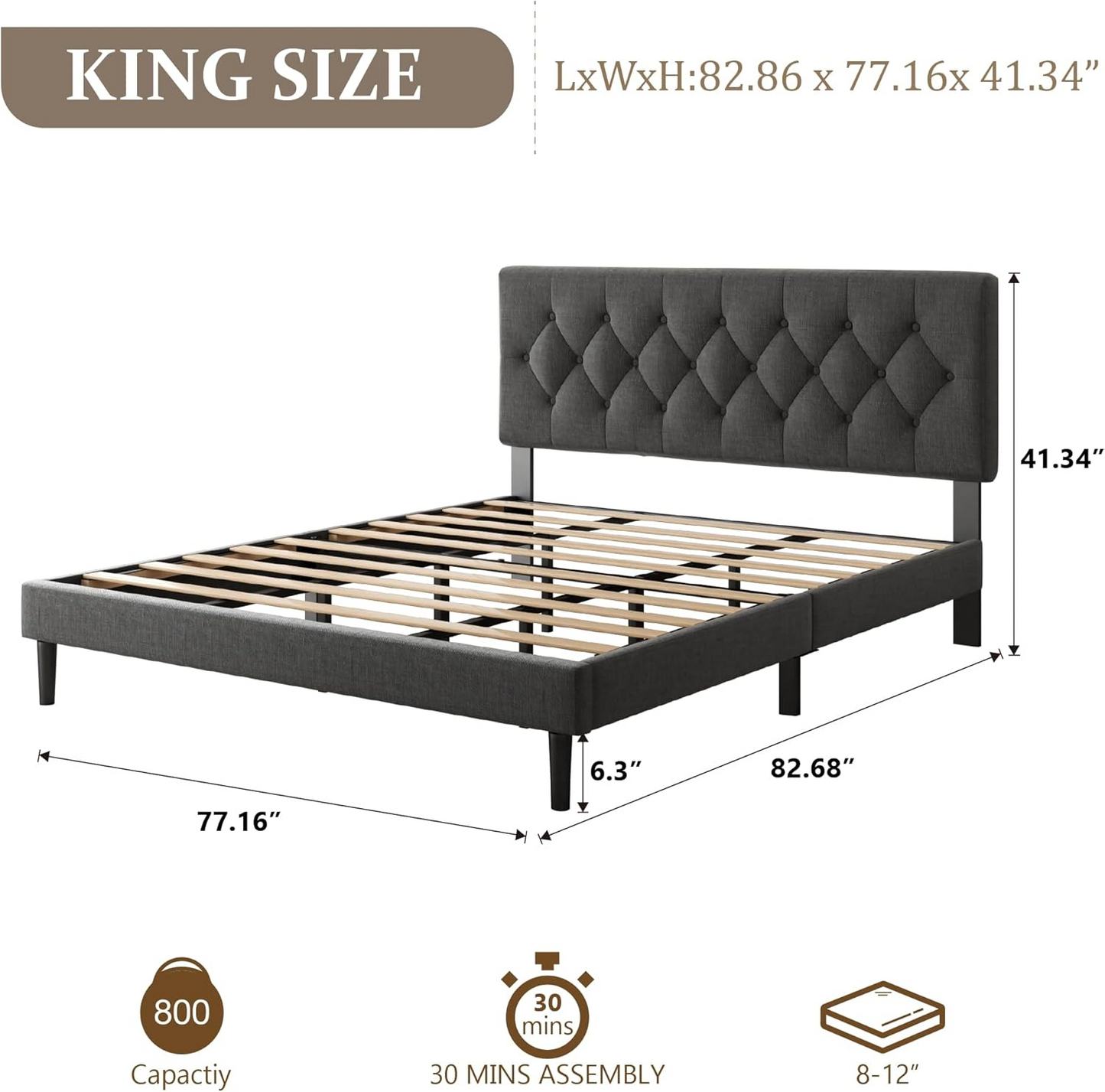 VIPLOV  Bed Frame , Modern Fabric Upholstered Platform Bed Frame with Strong Wood Slat Support, Easy Assembly