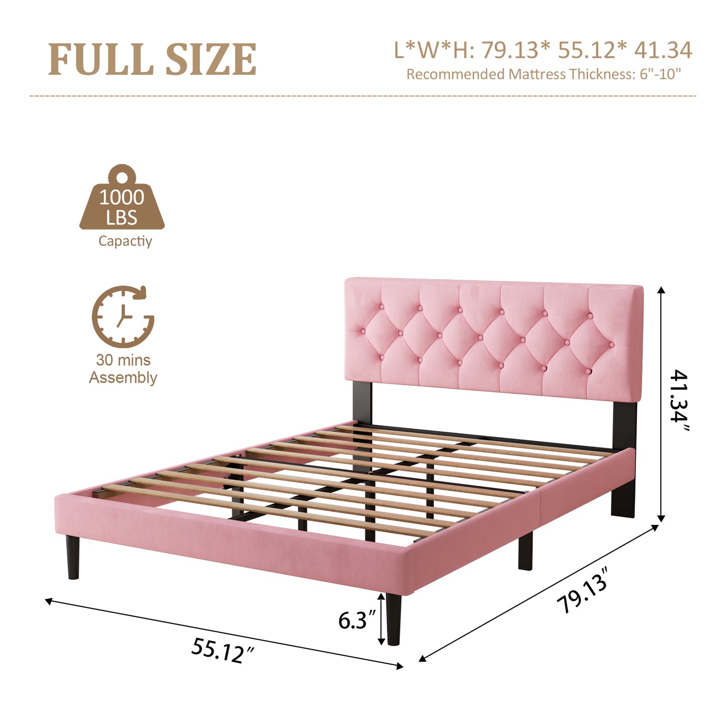 VIPLOV  Bed Frame , Modern Fabric Upholstered Platform Bed Frame with Strong Wood Slat Support, Easy Assembly