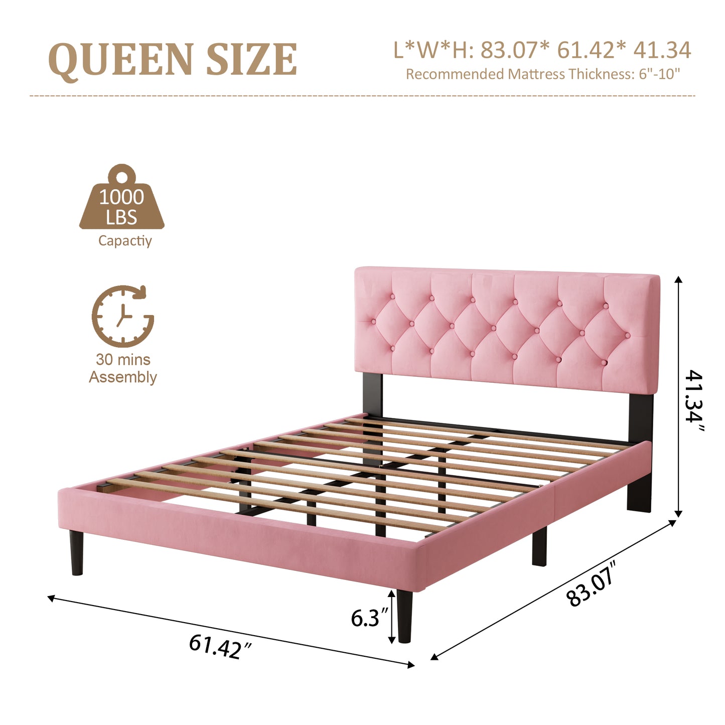 VIPLOV  Bed Frame , Modern Fabric Upholstered Platform Bed Frame with Strong Wood Slat Support, Easy Assembly