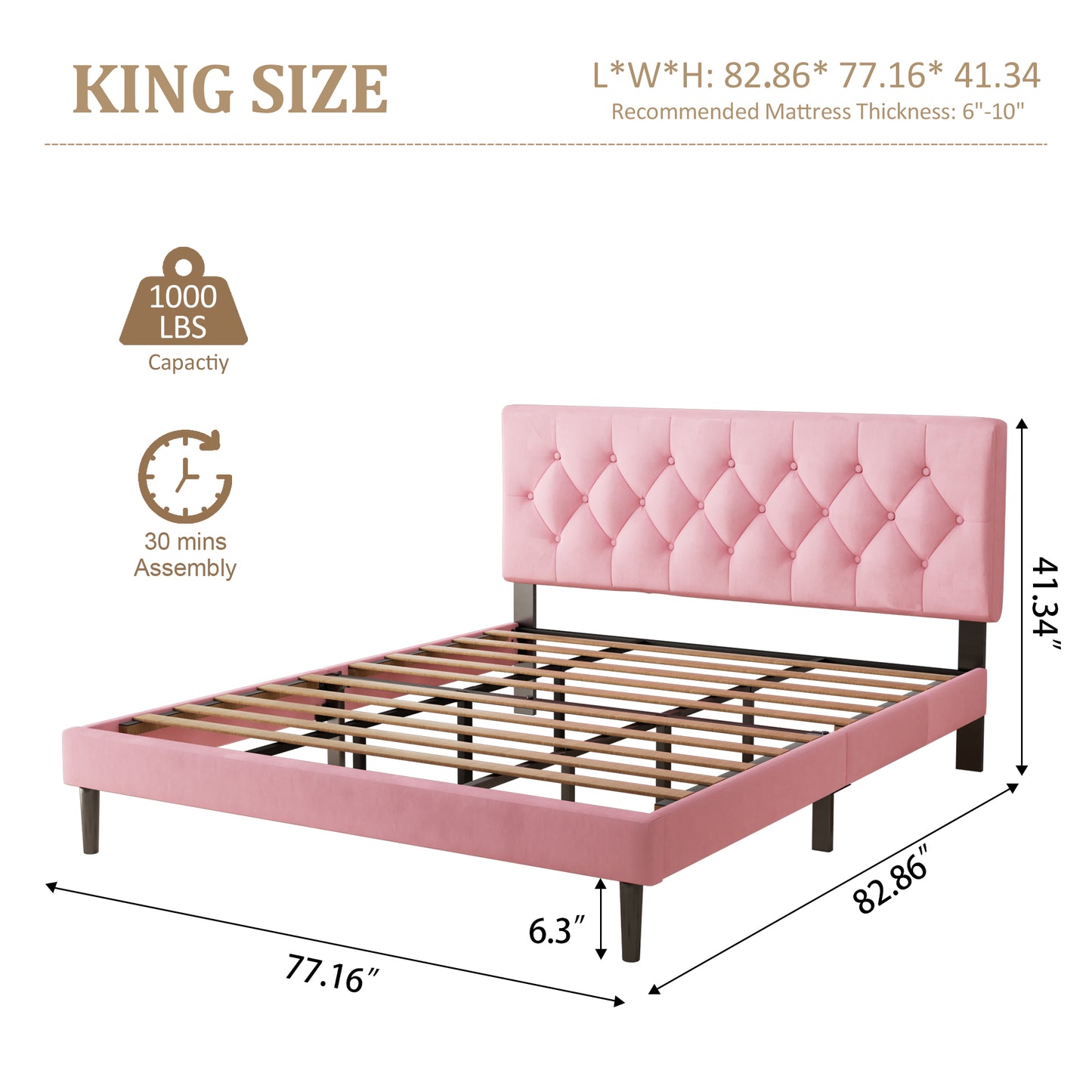 VIPLOV  Bed Frame , Modern Fabric Upholstered Platform Bed Frame with Strong Wood Slat Support, Easy Assembly