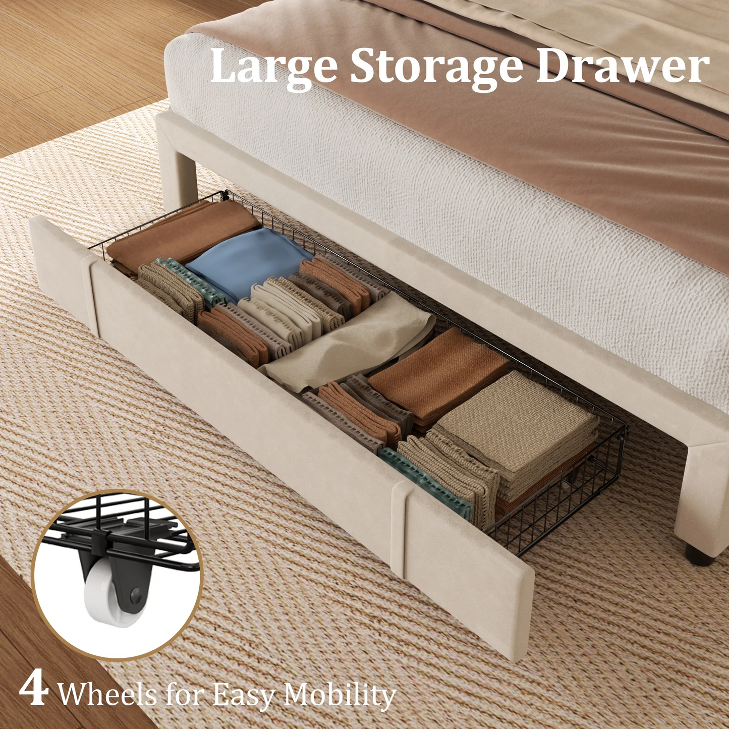 VIPLOV Bed Frame with Storage Drawers, Upholstered Platform Bed with Headboard and Wingboard, Easy Assembly