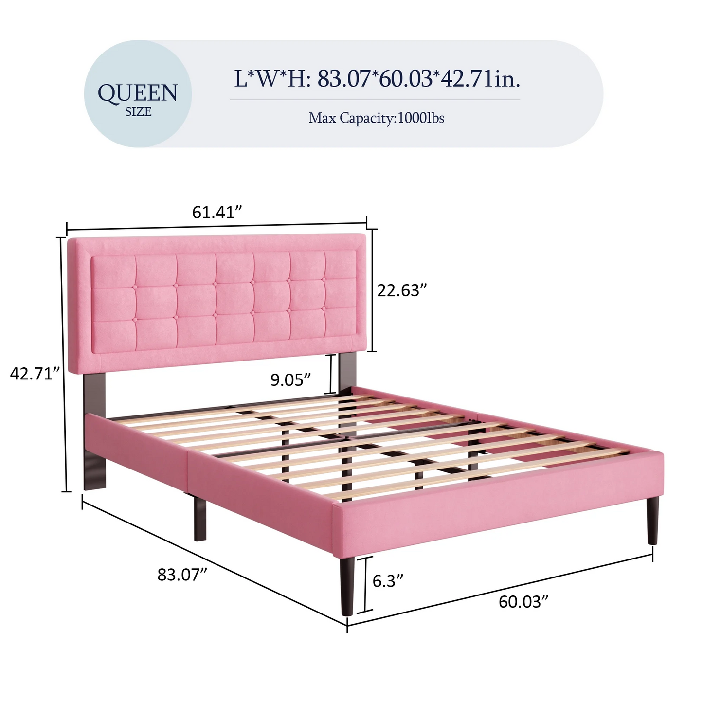 VIPLOV Bed Frame with Button Tufted Headboard, Linen Fabric Upholstered Platform Bed Frame, Mattress Foundation with Wood Slat Support, Easy Assembly, No Box Spring Needed