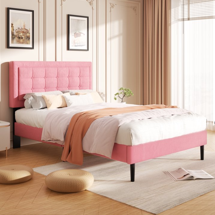 VIPLOV Bed Frame with Button Tufted Headboard, Linen Fabric Upholstered Platform Bed Frame, Mattress Foundation with Wood Slat Support, Easy Assembly, No Box Spring Needed