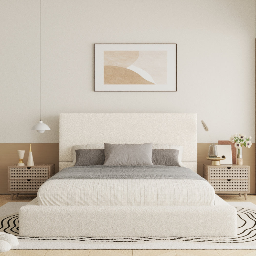 VIPLOV Boucle Bed Base, Upholstered Platform Floor Bed with Headboard, Soft Cloud Bed with Thickened Wide Headboard, Easy Assembly, Cream