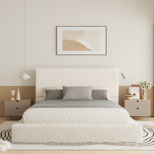 VIPLOV Boucle  Bed Base, Upholstered Platform Floor Bed with Headboard, Soft Cloud Bed with Thickened Wide Headboard, Easy Assembly, Cream