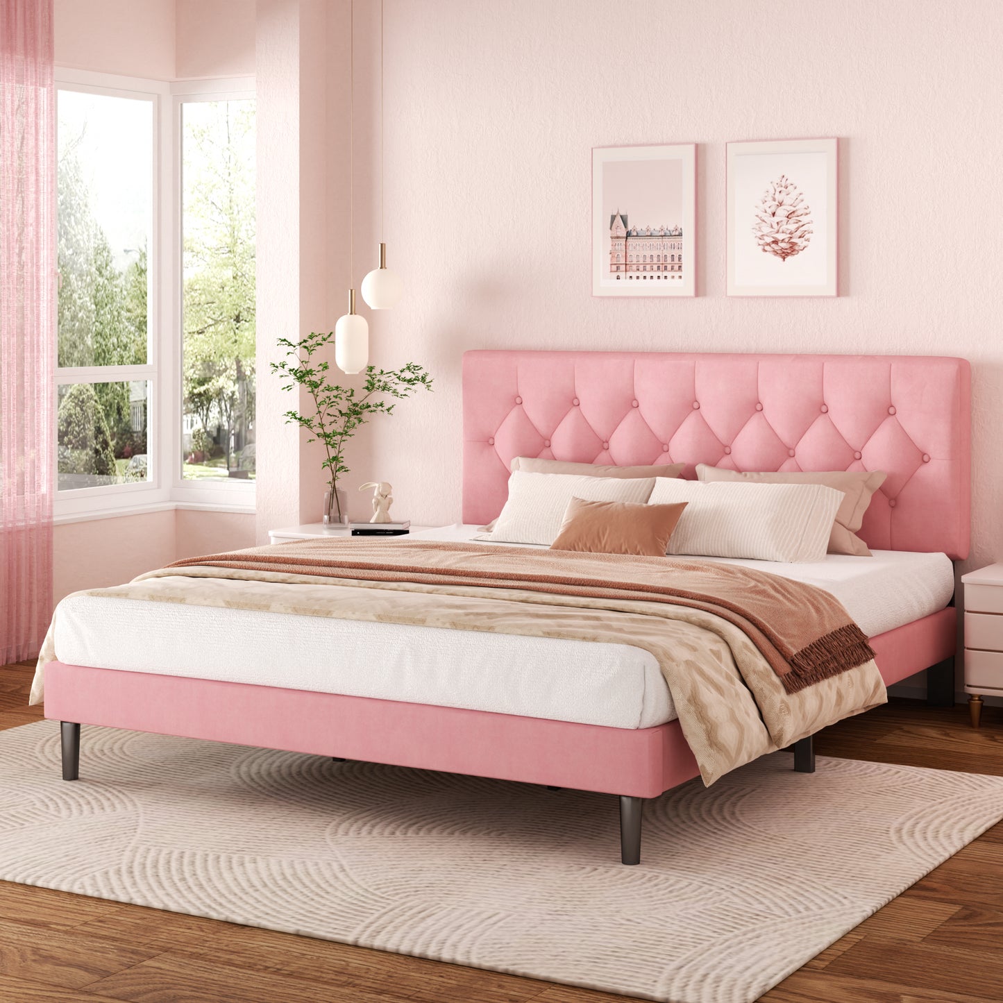 VIPLOV  Bed Frame , Modern Fabric Upholstered Platform Bed Frame with Strong Wood Slat Support, Easy Assembly