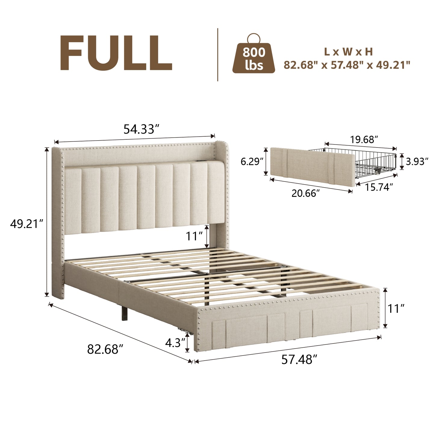 VIPLOV Bed Frame with Headboard and Storage, Platform Bed Frame with 2 Drawers, Upholstered King Size Bed Frame with Storage, Built-in Charging Station, Noiseless