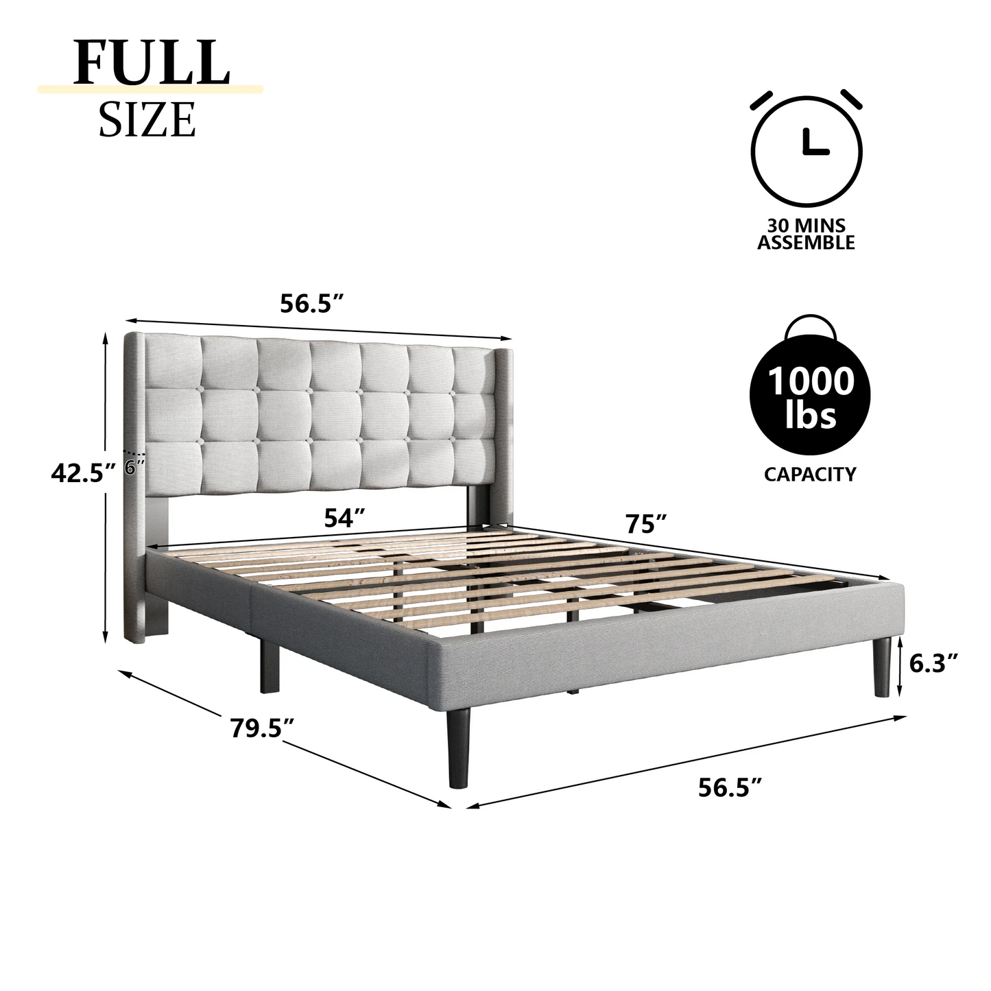 VIPLOV Bed Frame with Tufted Headboard and Upholstered Backrest, Modern Platform Bed with Wood Slat Support, No Box Spring Needed, Easy Assembly