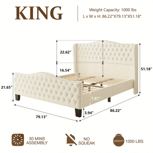 VIPLOV Queen Size Platform Bed Frame with 51-inch Tall Camelback Headboard & Wingback, Deep Button Tufted Footboard with Nailhead Trim