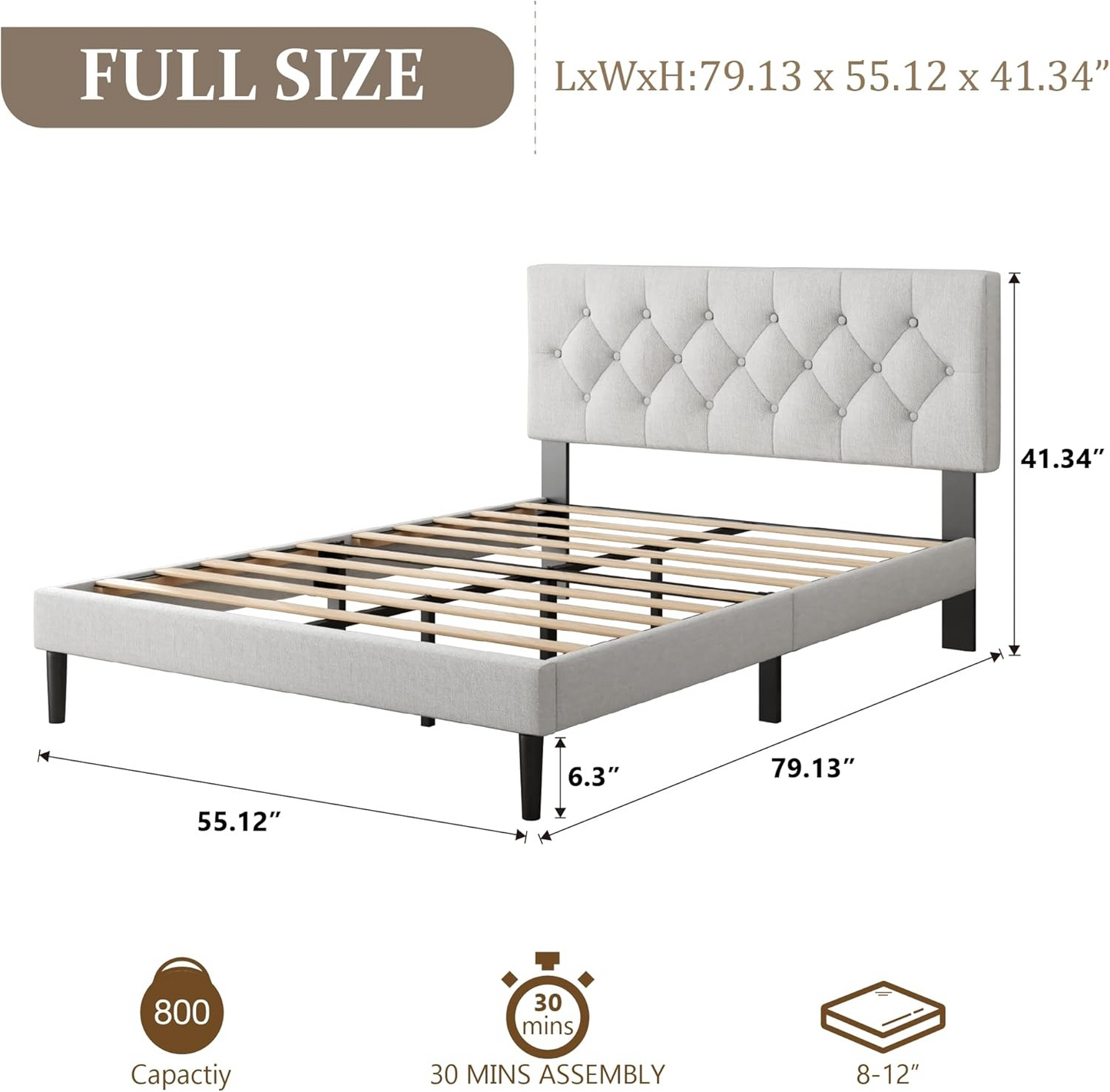 VIPLOV  Bed Frame , Modern Fabric Upholstered Platform Bed Frame with Strong Wood Slat Support, Easy Assembly