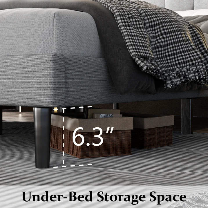 VIPLOV Bed Frame with Tufted Headboard and Upholstered Backrest, Modern Platform Bed with Wood Slat Support, No Box Spring Needed, Easy Assembly