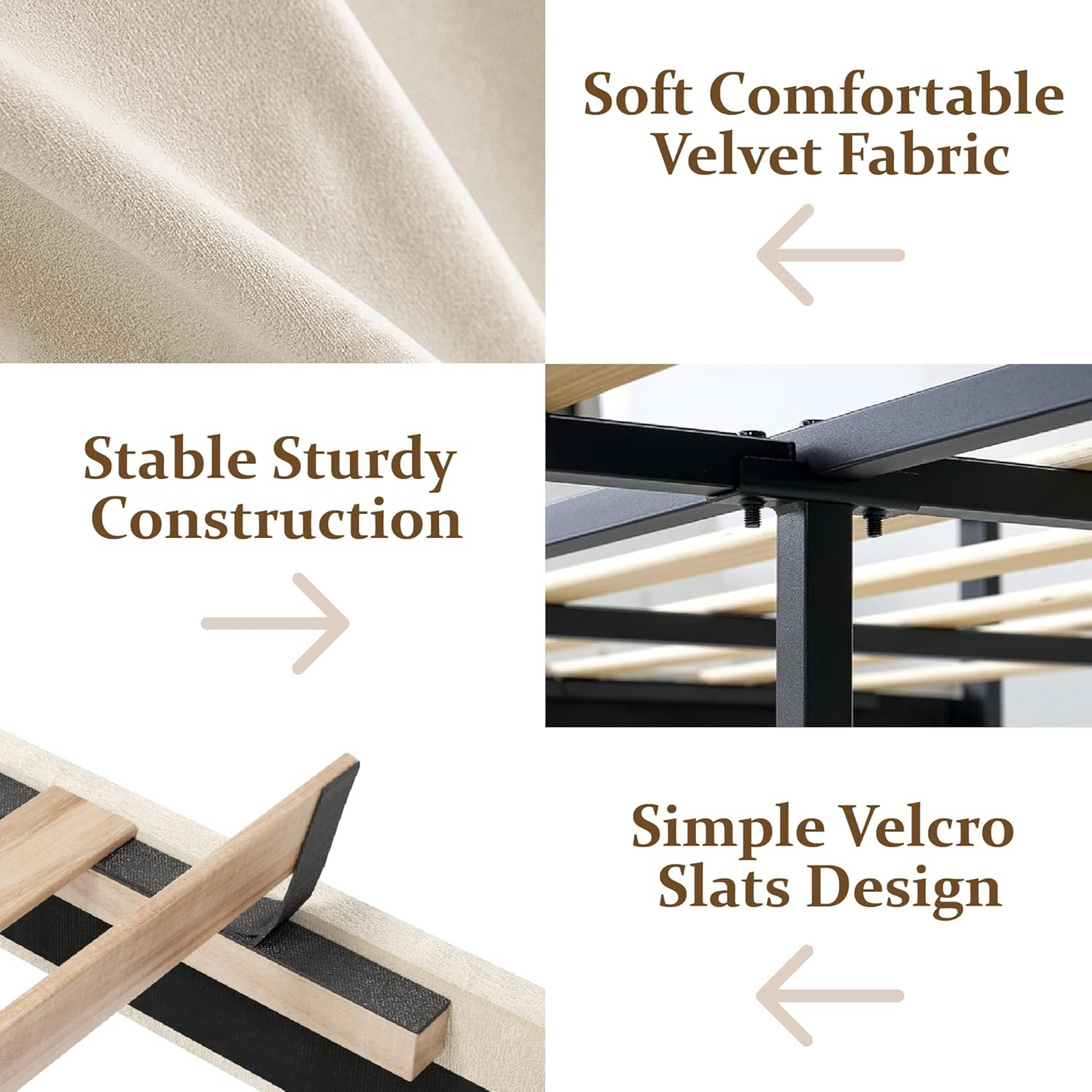 VIPLOV  Bed Frame , Modern Fabric Upholstered Platform Bed Frame with Strong Wood Slat Support, Easy Assembly