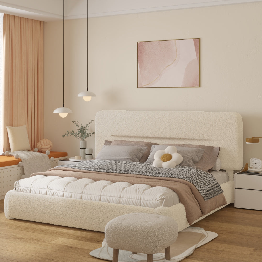 VIPLOV Cloud Bed Frame, Boucle Bed with Adjustable Headboard, Soft Rounded Corner Guards, Silent Design, Easy to Assemble