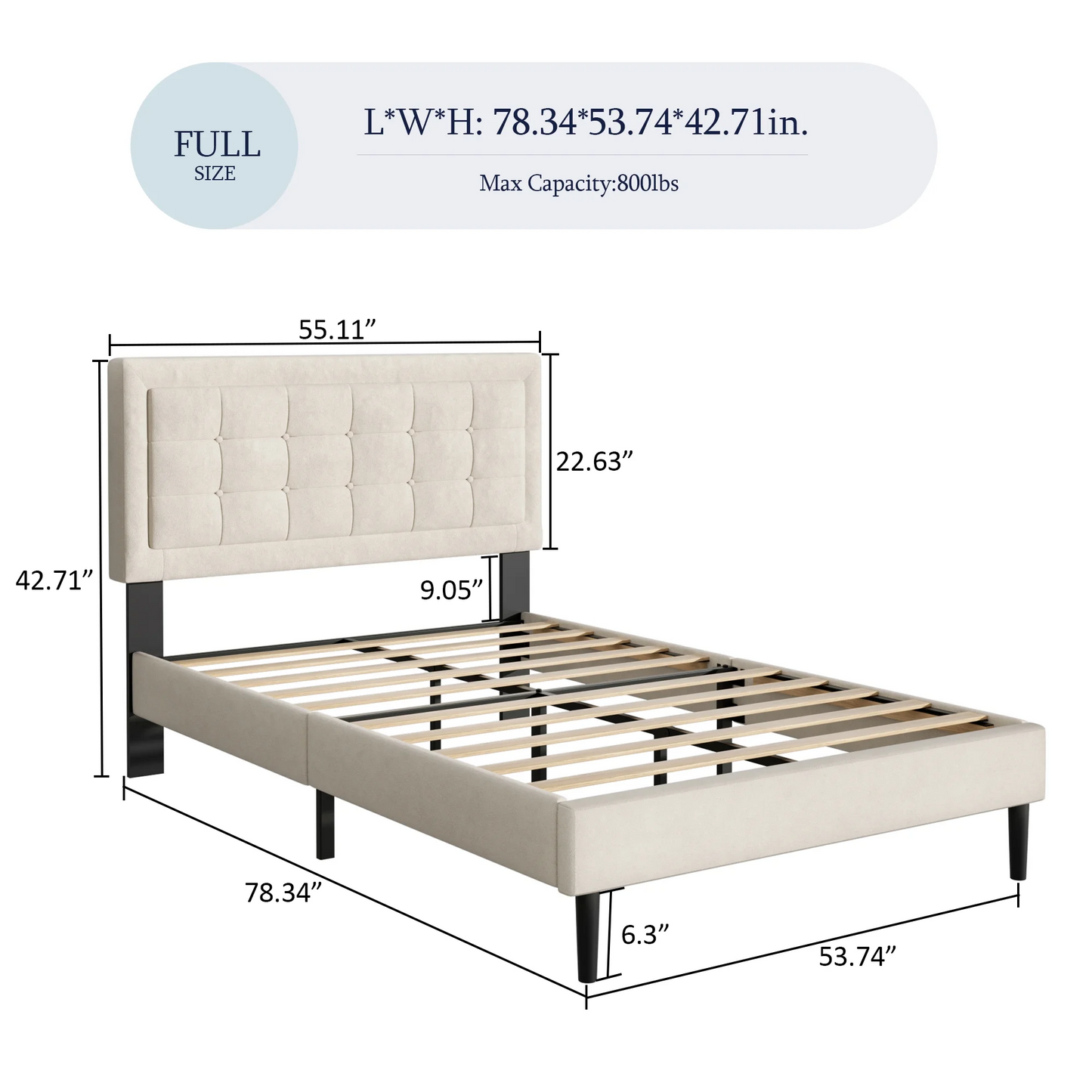 VIPLOV Bed Frame with Button Tufted Headboard, Linen Fabric Upholstered Platform Bed Frame, Mattress Foundation with Wood Slat Support, Easy Assembly, No Box Spring Needed
