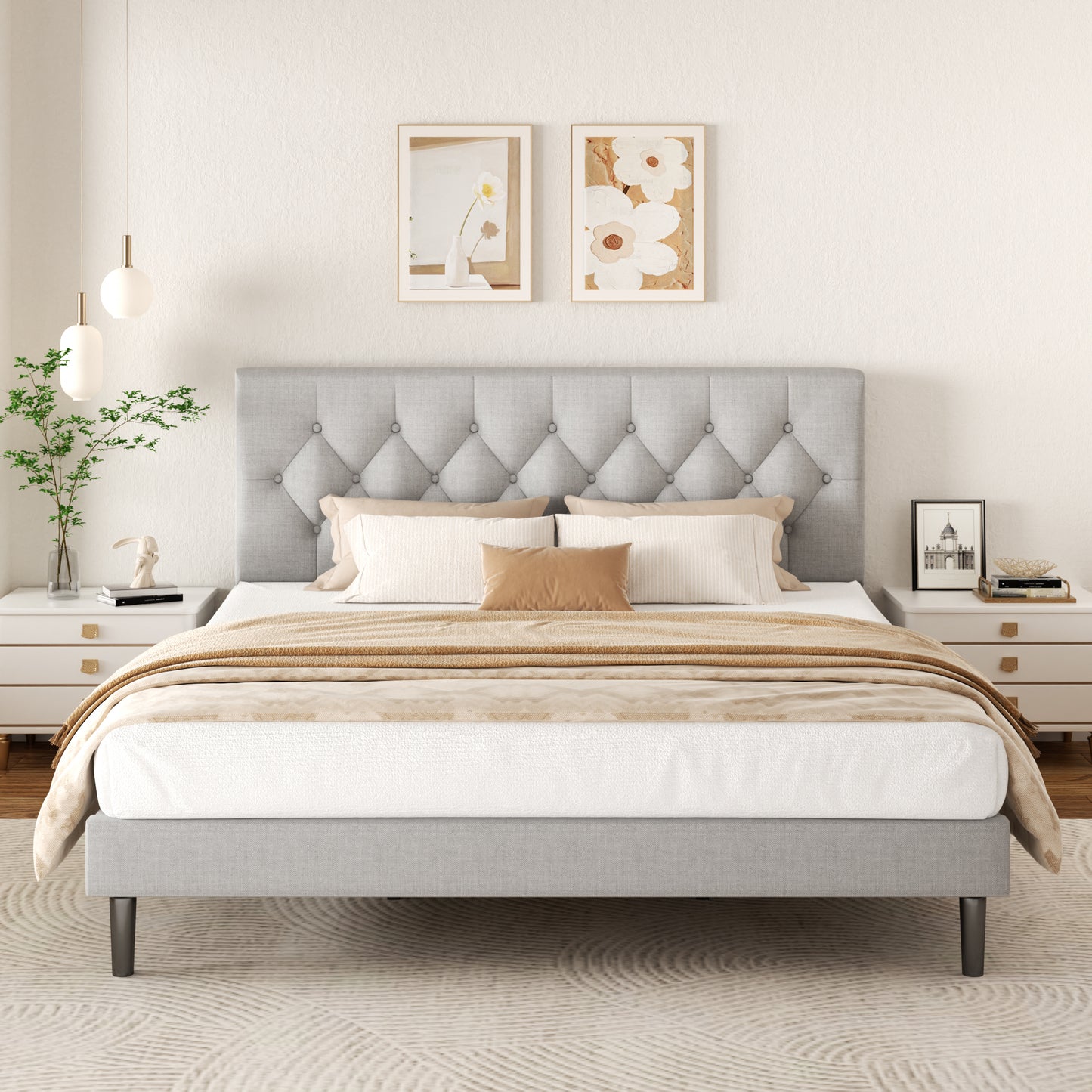 VIPLOV  Bed Frame , Modern Fabric Upholstered Platform Bed Frame with Strong Wood Slat Support, Easy Assembly