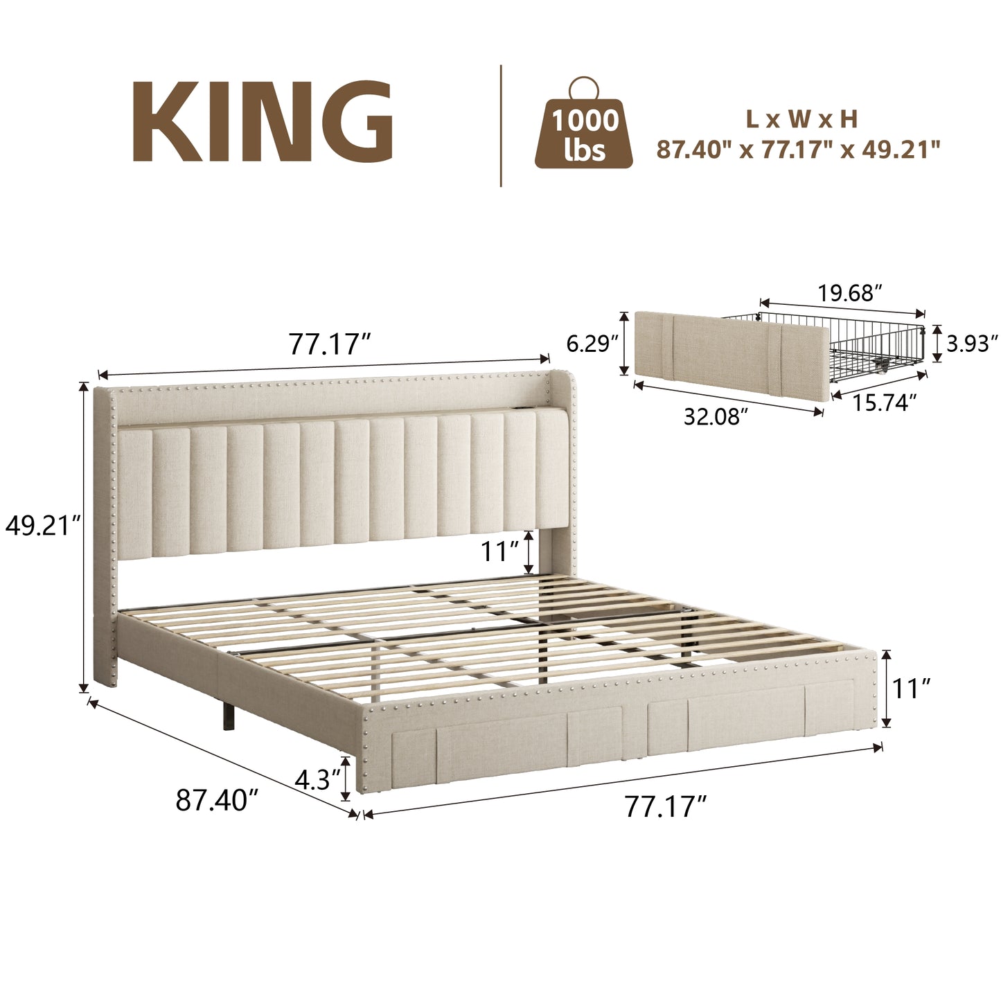 VIPLOV Bed Frame with Headboard and Storage, Platform Bed Frame with 2 Drawers, Upholstered King Size Bed Frame with Storage, Built-in Charging Station, Noiseless