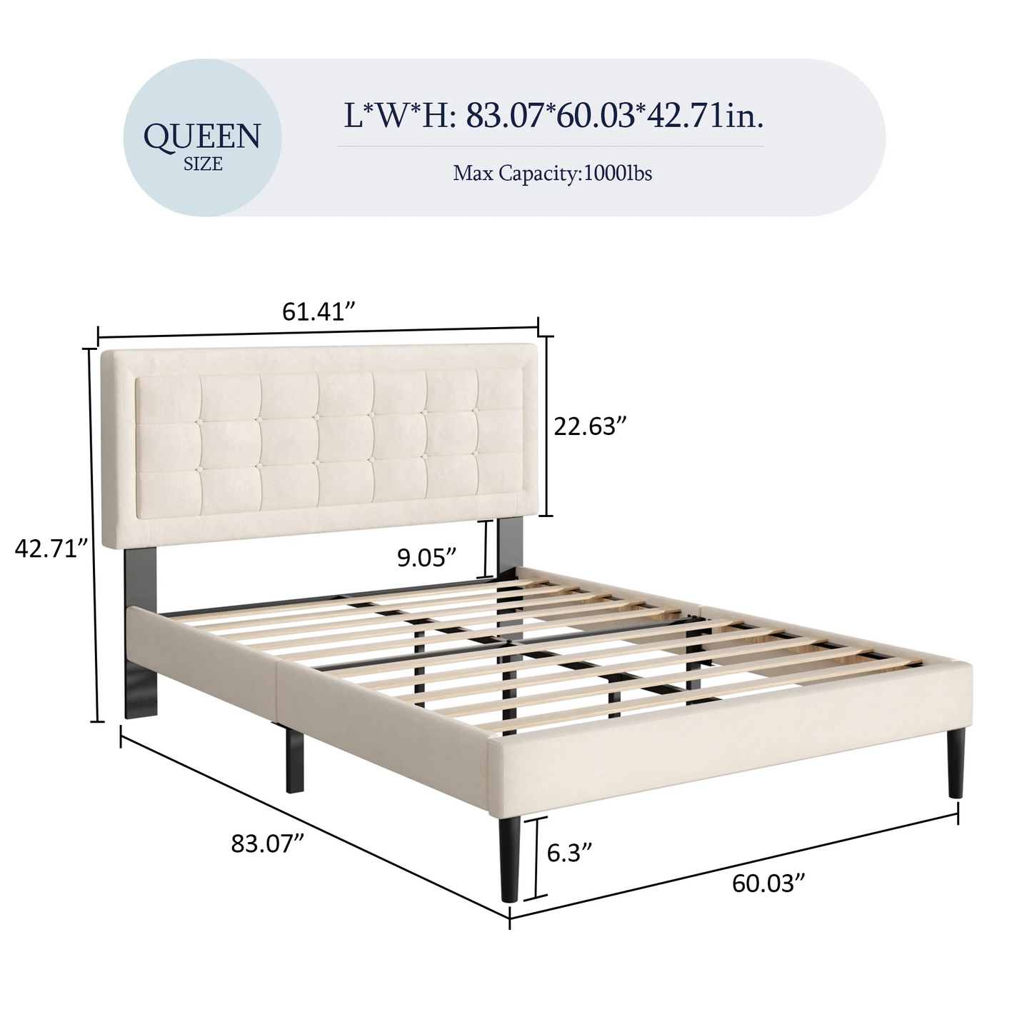 VIPLOV Bed Frame with Button Tufted Headboard, Linen Fabric Upholstered Platform Bed Frame, Mattress Foundation with Wood Slat Support, Easy Assembly, No Box Spring Needed